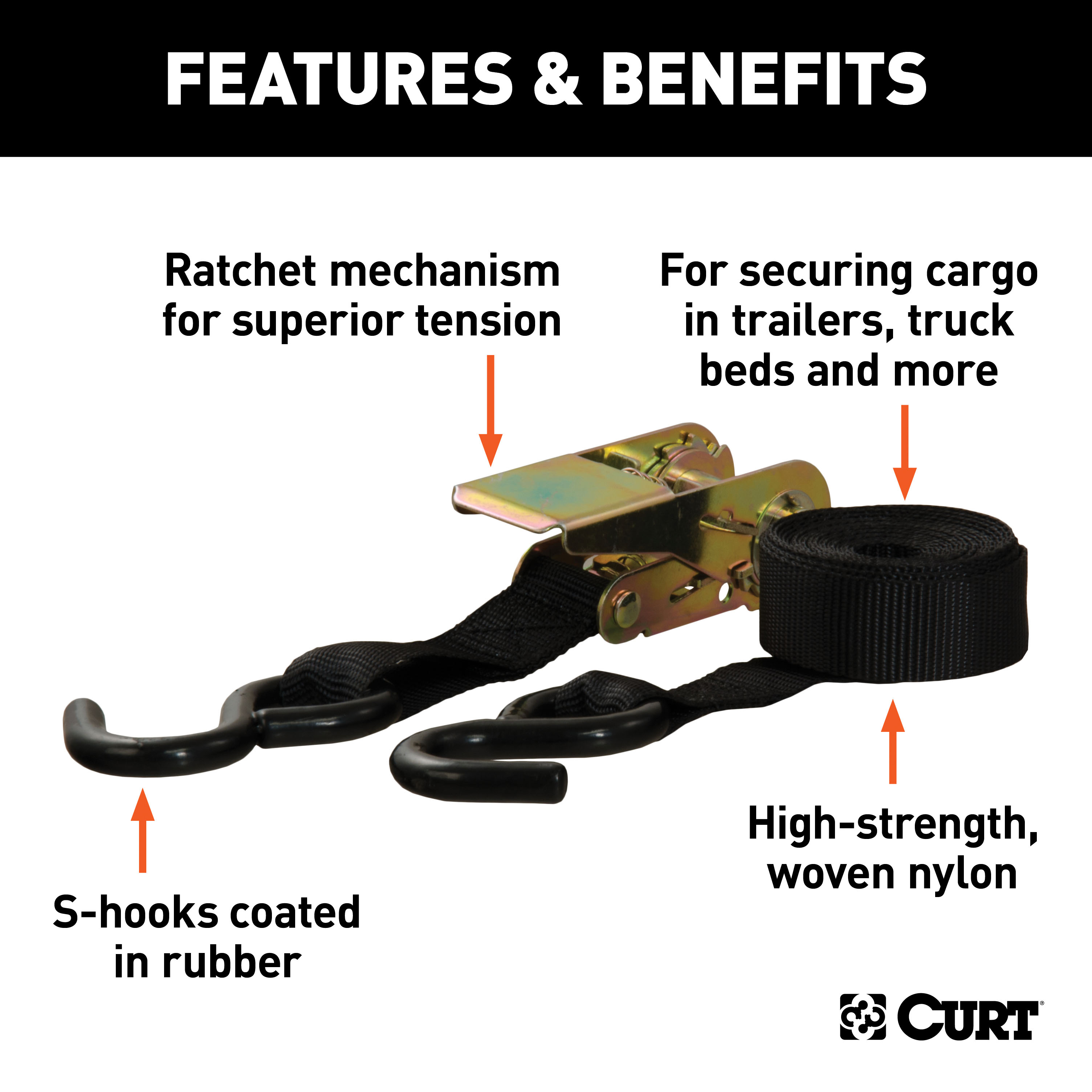 CURT 83010 1-Inch x 16-Foot Black Nylon Ratchet Straps, 1,500 lbs. Break Strength, 4-Pack thumbnail 1