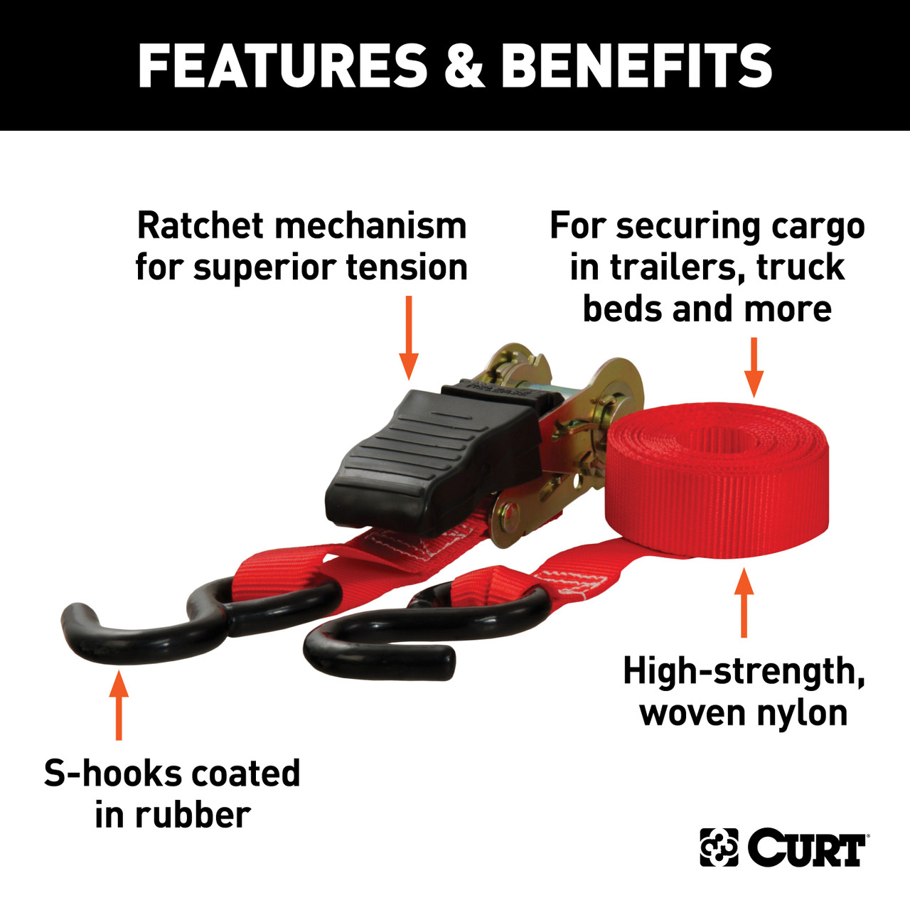 CURT 83001 1-Inch x 10-Foot Red Nylon Ratchet Straps, 1,500 lbs. Break Strength, 2-Pack thumbnail 1