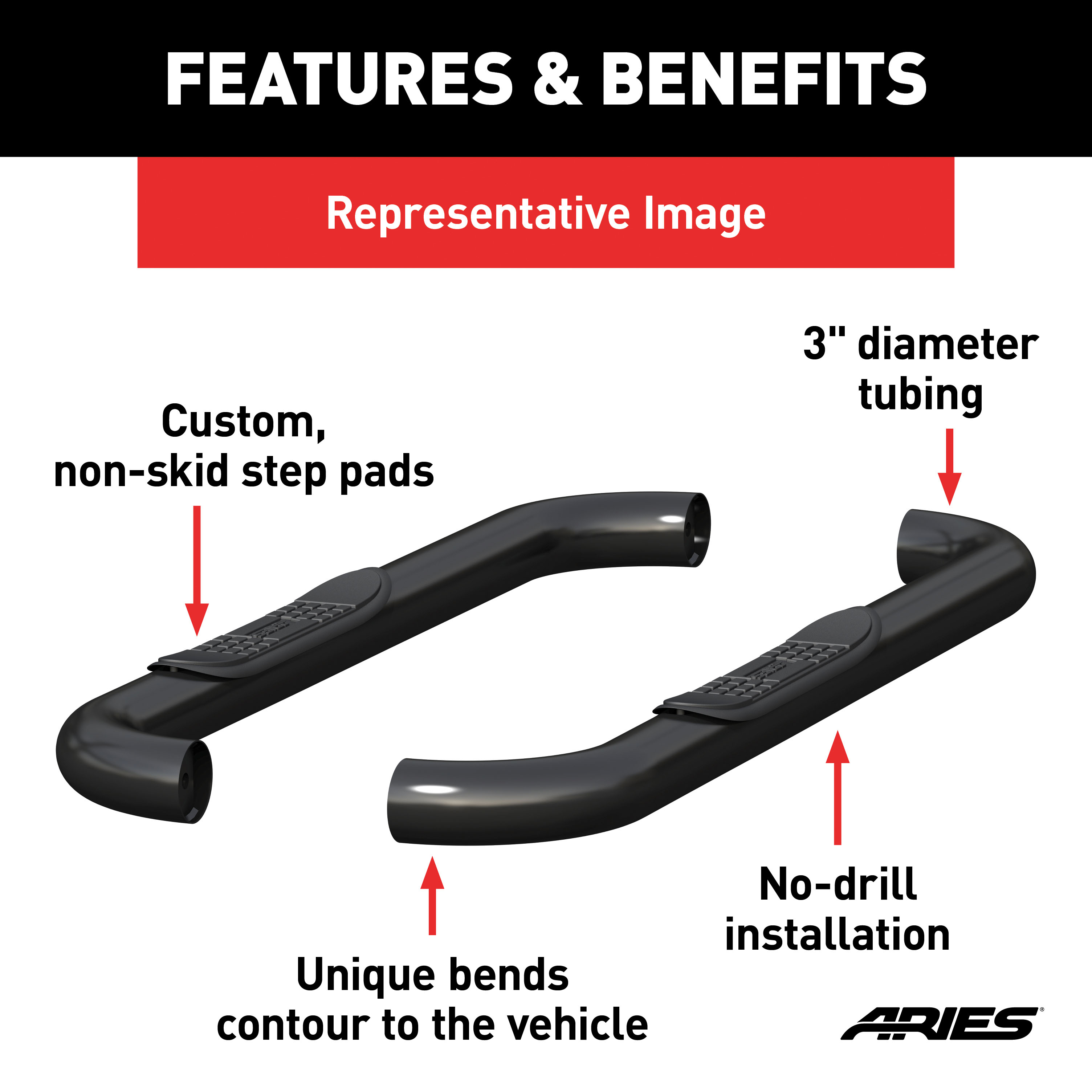 ARIES 202001 3-Inch Round Black Steel Nerf Bars, No-Drill, Fits Select Toyota Tacoma thumbnail 2
