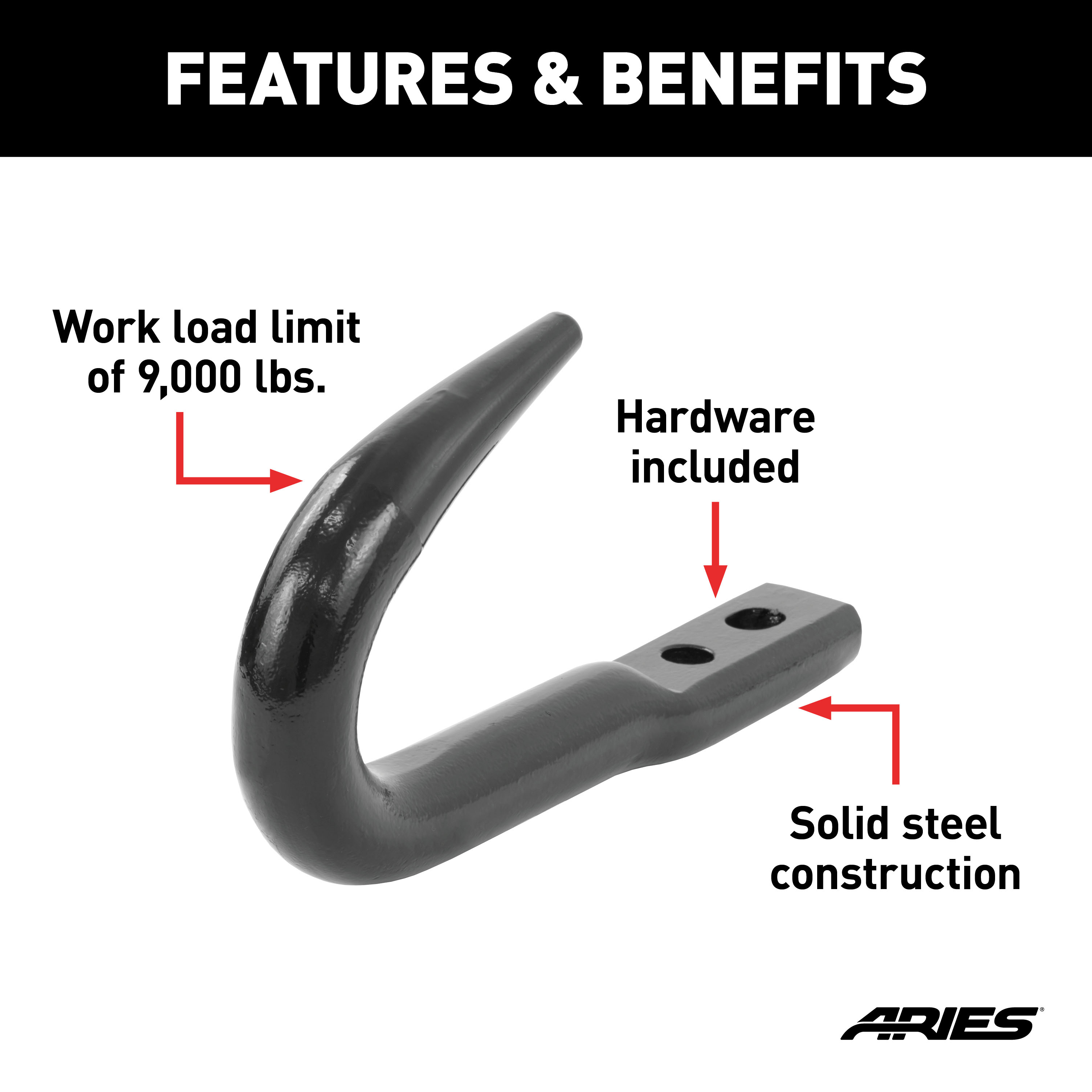 ARIES 15600TW Truck, Jeep Bolt-On Bumper Tow Hook, 9,000 lbs Work Load thumbnail 1