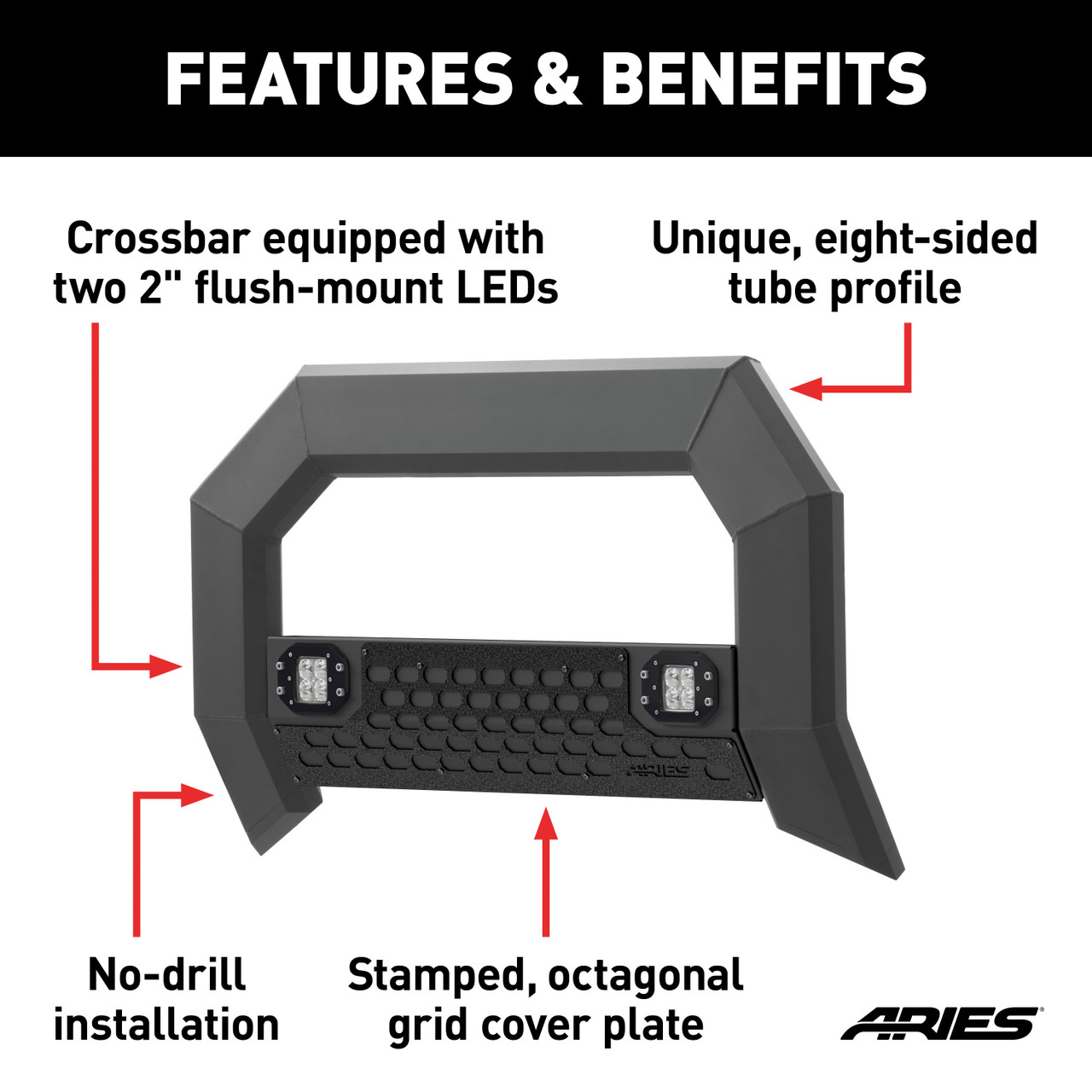 ARIES 2163103 AdvantEDGE Black Aluminum Truck Bull Bar with Lights, Select Ford F-250, F-350, F-450, F-550 Super Duty thumbnail 5
