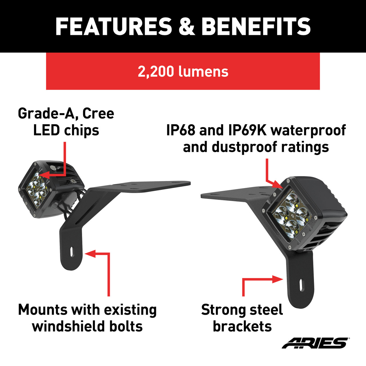ARIES 1501305 LED Lights for Jeep Wrangler JL, Gladiator, Windshield Brackets, 2-Inch, 2,200-Lumen Spot Beams thumbnail 3