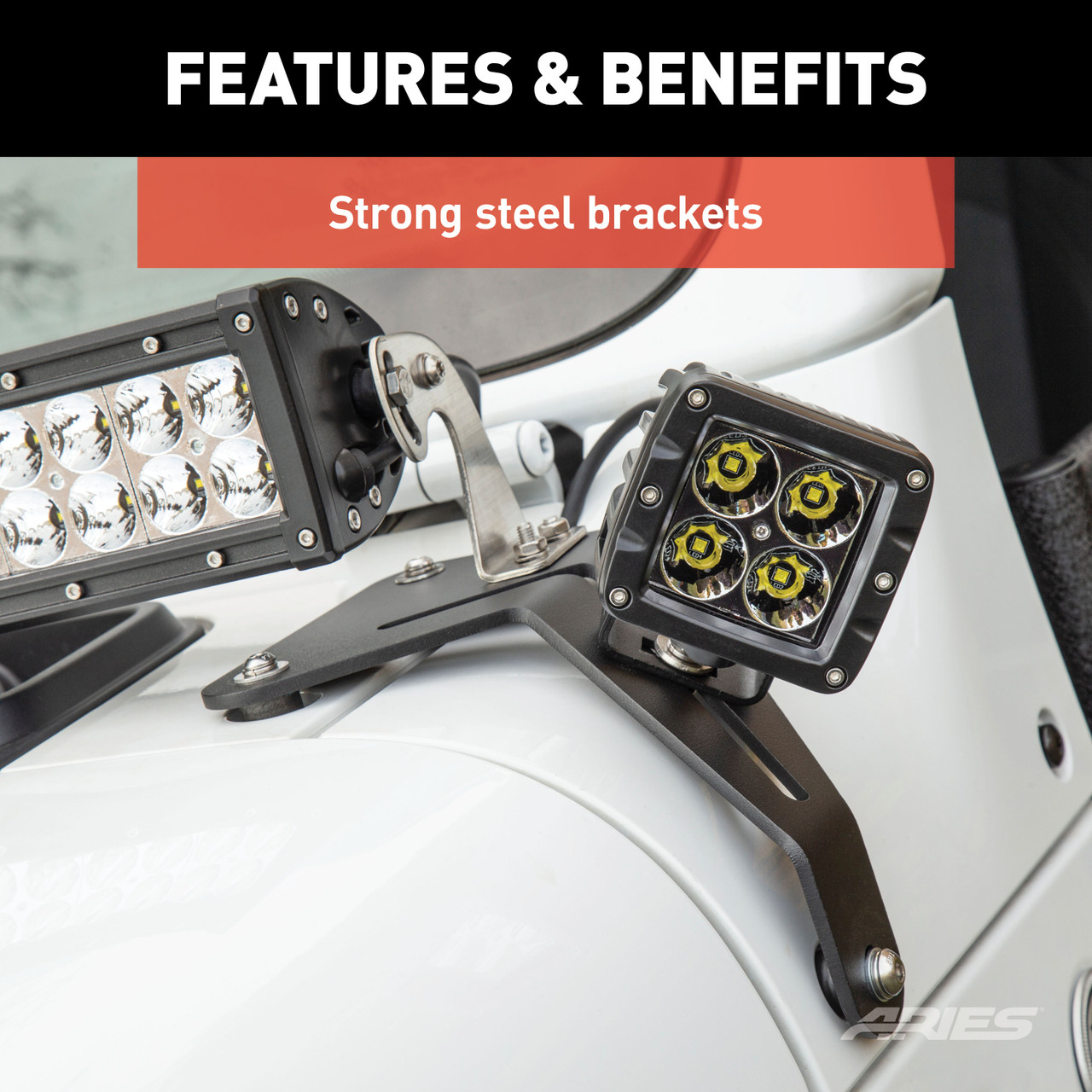 ARIES 1501305 LED Lights for Jeep Wrangler JL, Gladiator, Windshield Brackets, 2-Inch, 2,200-Lumen Spot Beams thumbnail 7