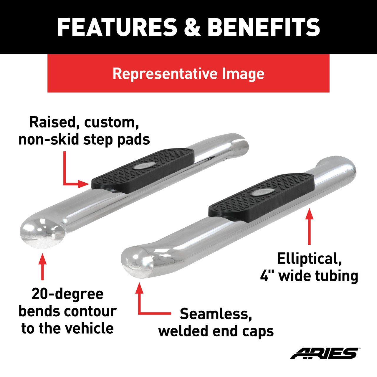 ARIES S225039-2 4-Inch Oval Polished Stainless Steel Nerf Bars, Select Dodge, Ram 1500, 2500, 3500 thumbnail 2