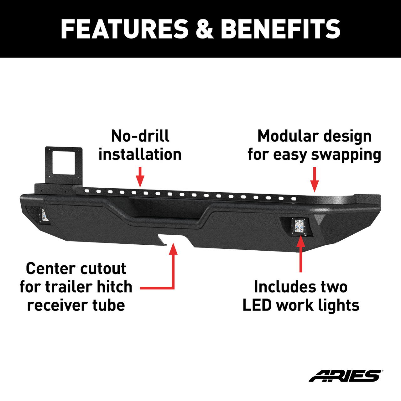 ARIES 2082083 TrailChaser Black Aluminum Rear Bumper with LED Lights, Select Jeep Wrangler JL thumbnail 1