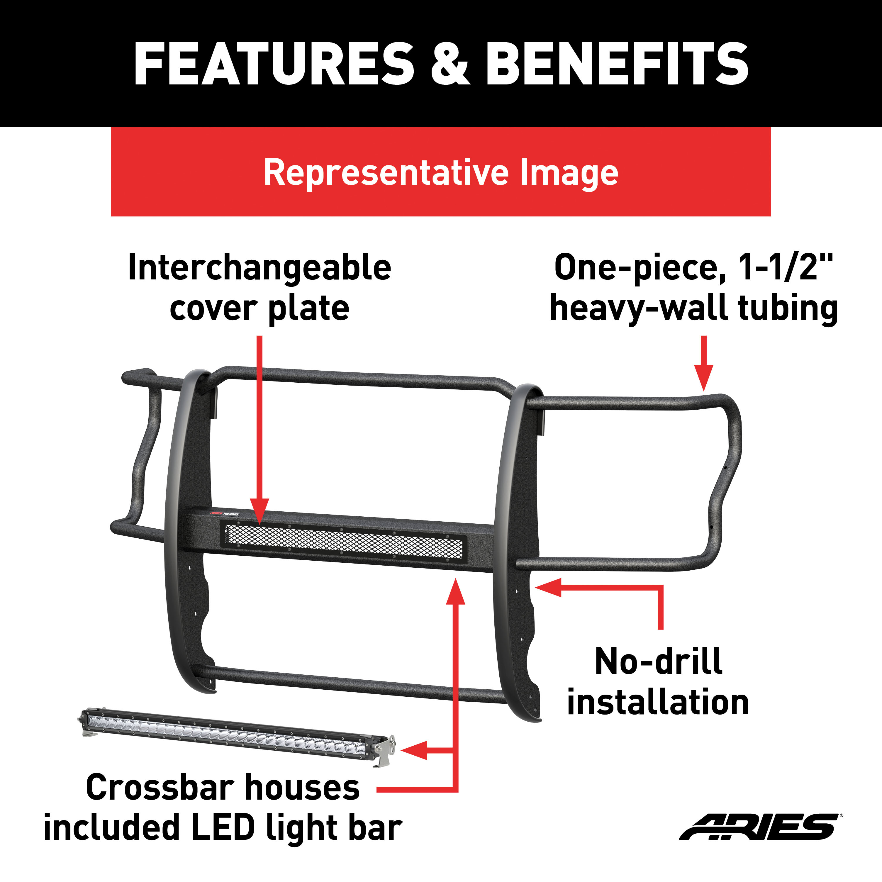 ARIES 2170024 Pro Series Black Steel Grille Guard with Light Bar, Select Chevrolet Silverado 1500 thumbnail 1