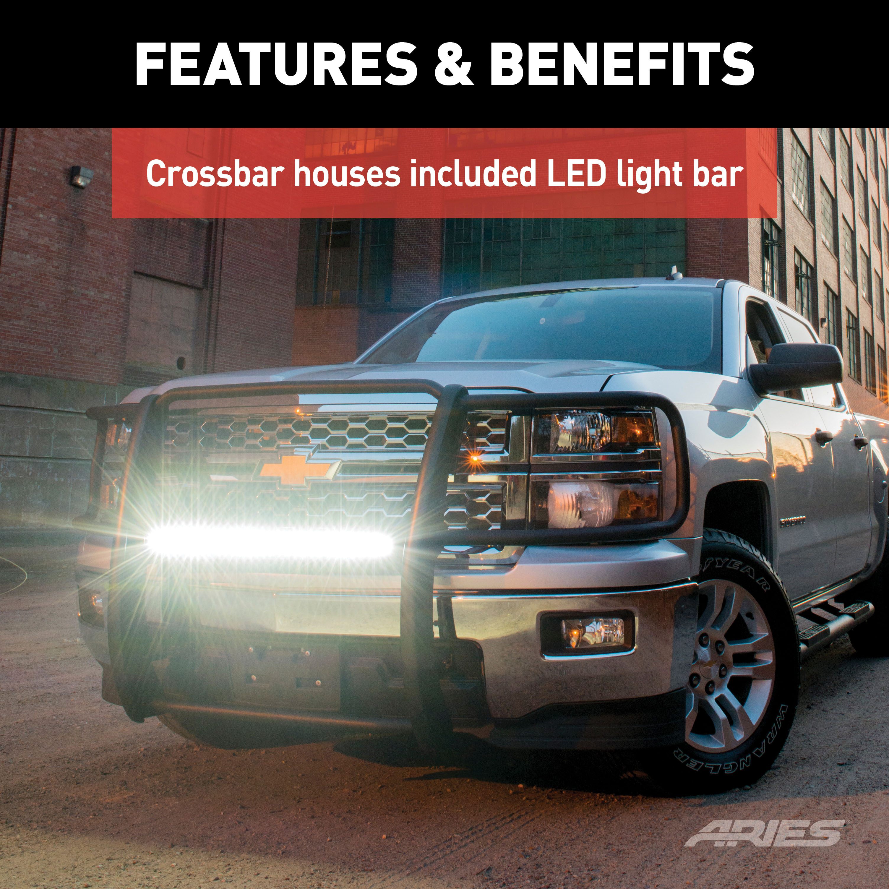 ARIES 2170024 Pro Series Black Steel Grille Guard with Light Bar, Select Chevrolet Silverado 1500 thumbnail 4