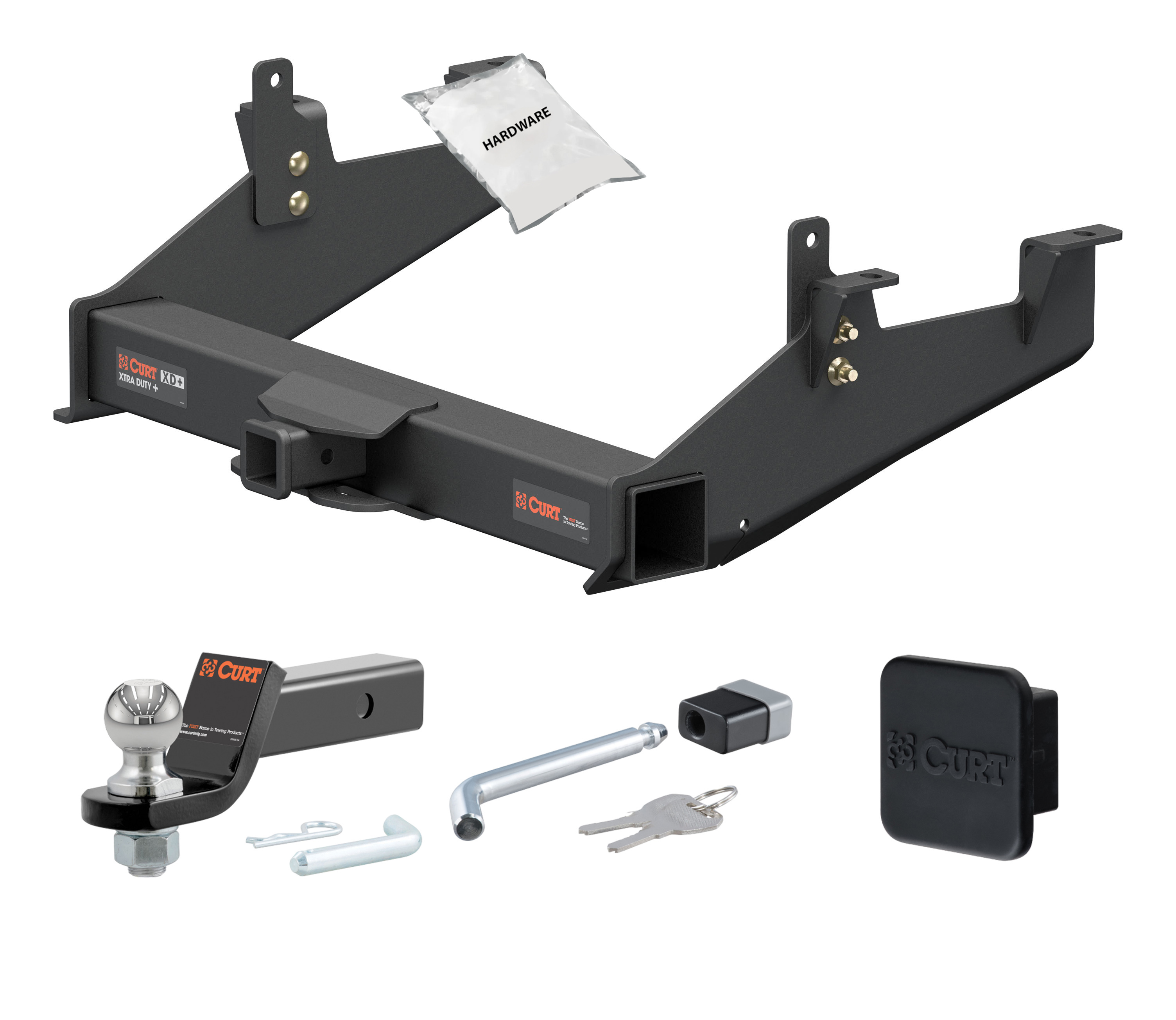 20 - 24 Chevrolet Silverado 2500 HD 8' bed, excluding factory receiver, Tommy Gate lift or cab & chassis 2in. CURT Trailer Hitch + Ball Mount + Cover + Lock Kit HWA481 thumbnail 0