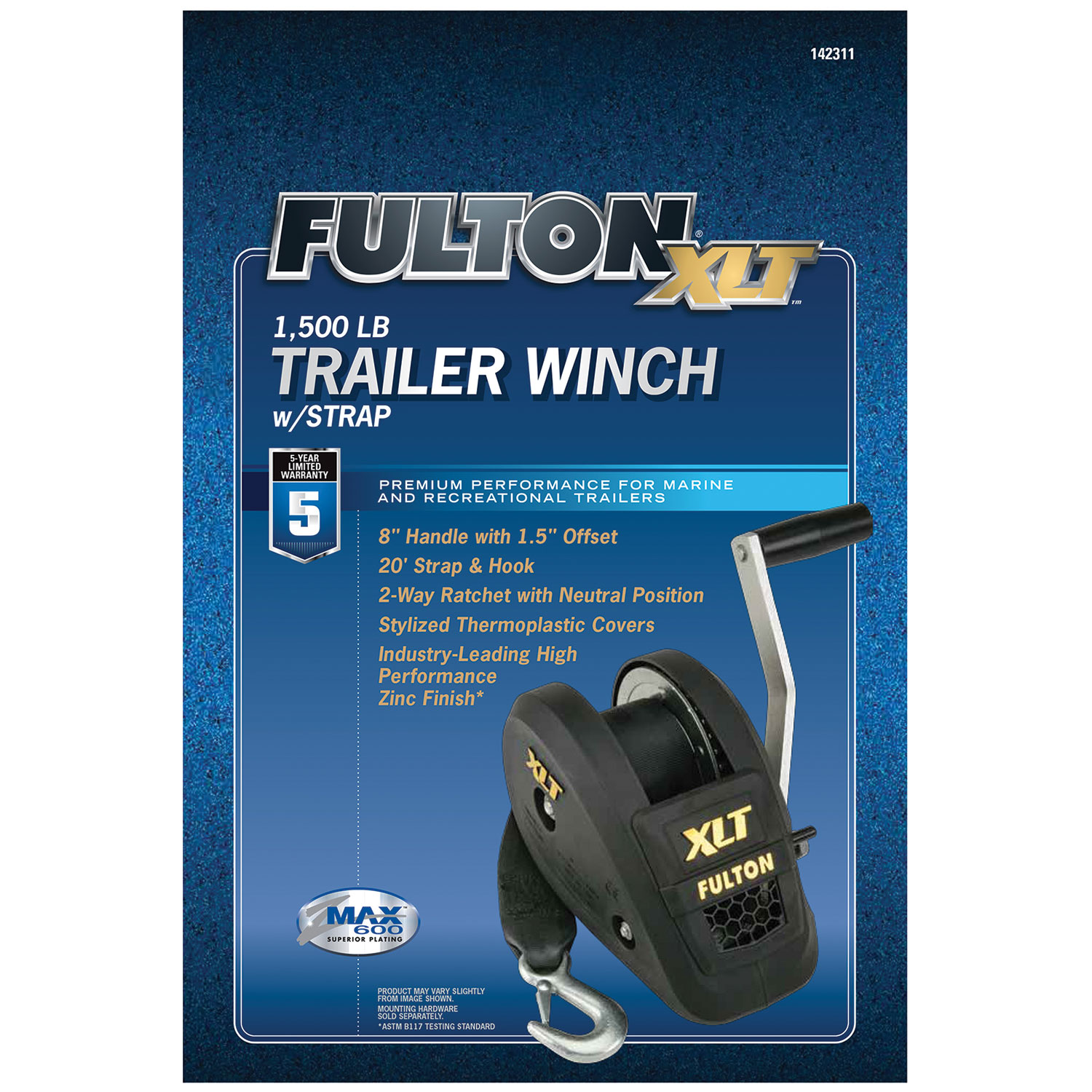 Fulton XLT  Marine Trailer Winch, Single-Speed, 1,500 lbs. Capacity, 20 ft. Strap, 8 in. Handle thumbnail 1