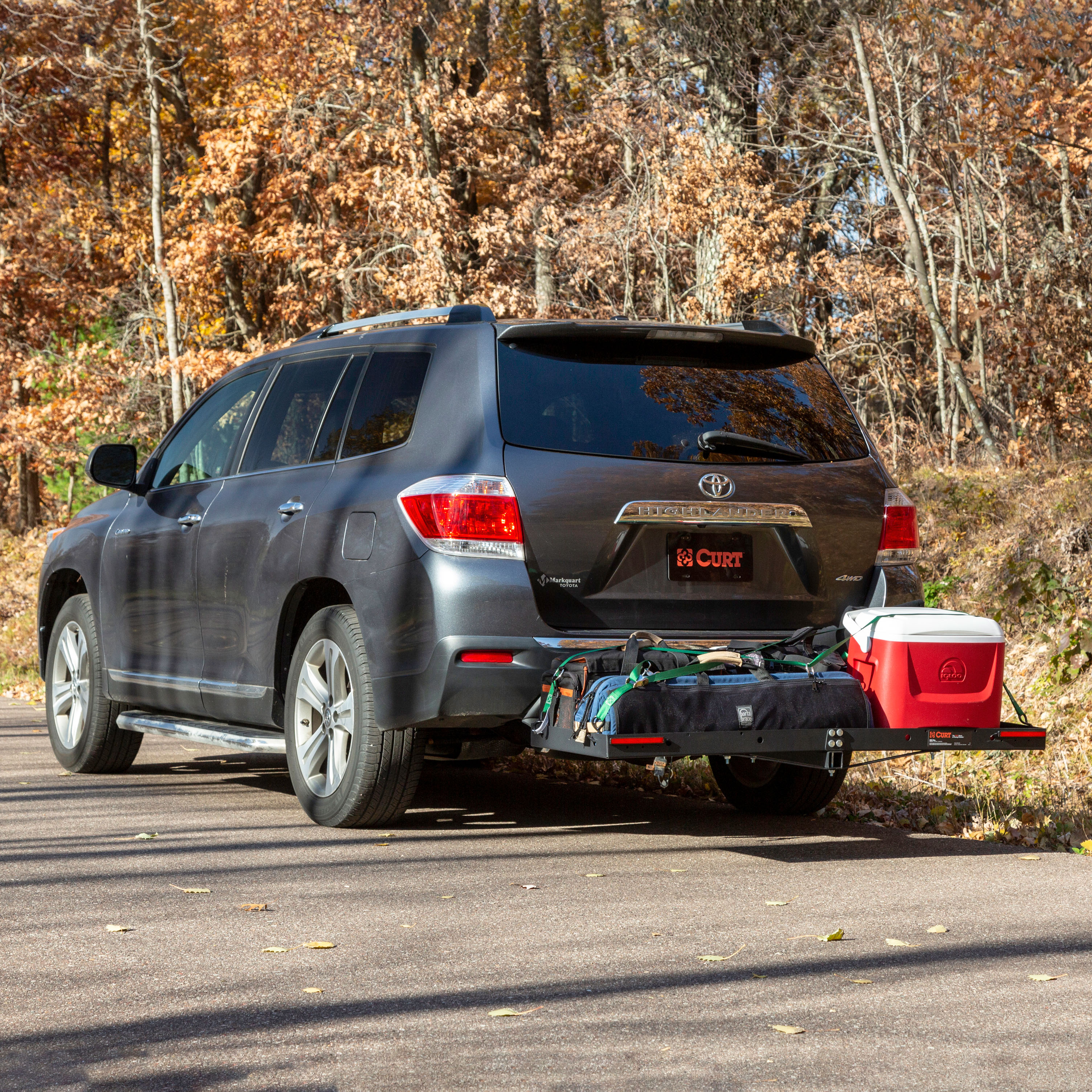 CURT 48" x 20" Black Steel Tray Cargo Carrier (1-1/4", 2" Adapter, 300 lbs.) Receiver Hitch Mounted Cargo Carrier thumbnail 8