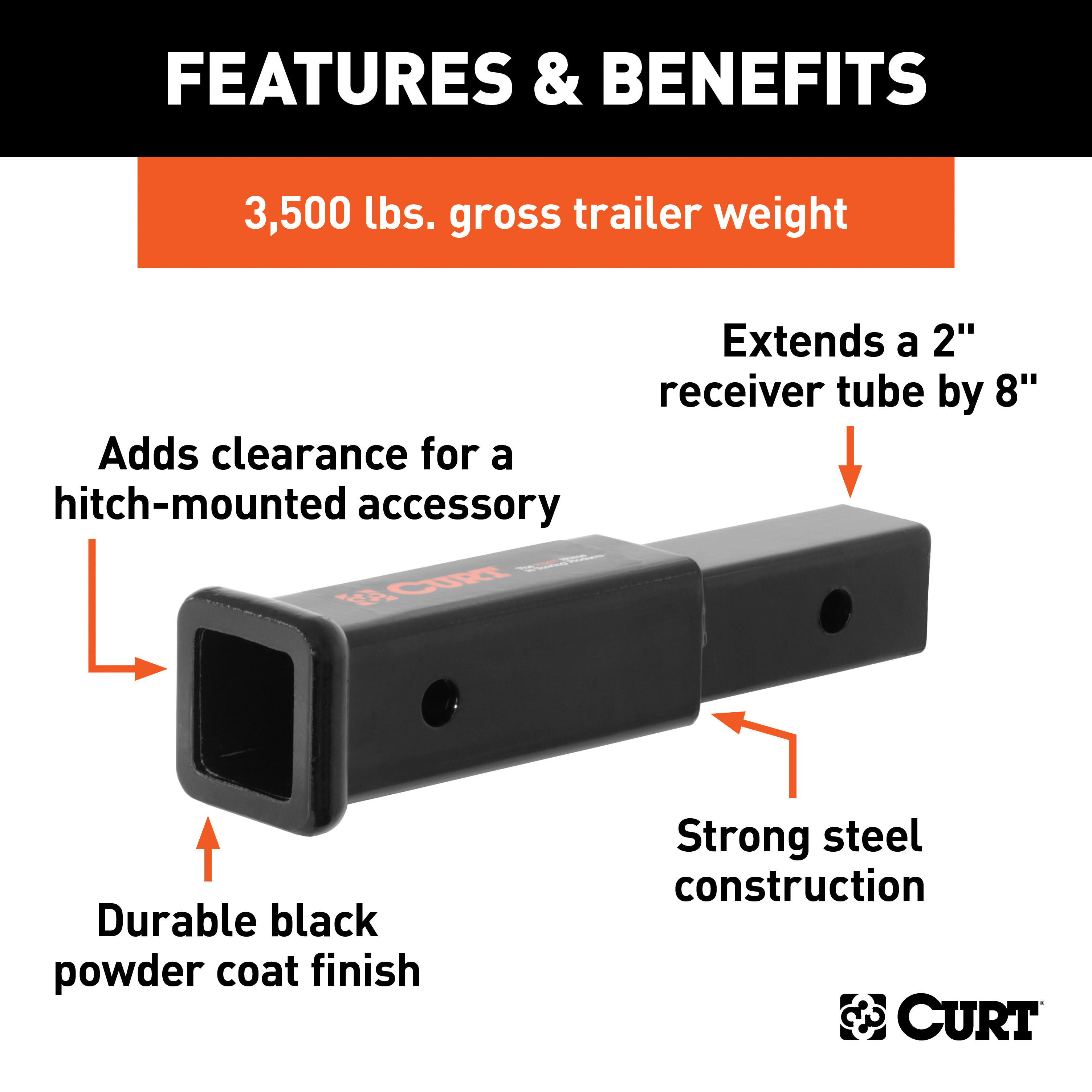 CURT 8" Receiver Tube Extender (2" Solid Shank, 3,500 lbs.) Trailer Hitch Receiver Tube Adapter thumbnail 1