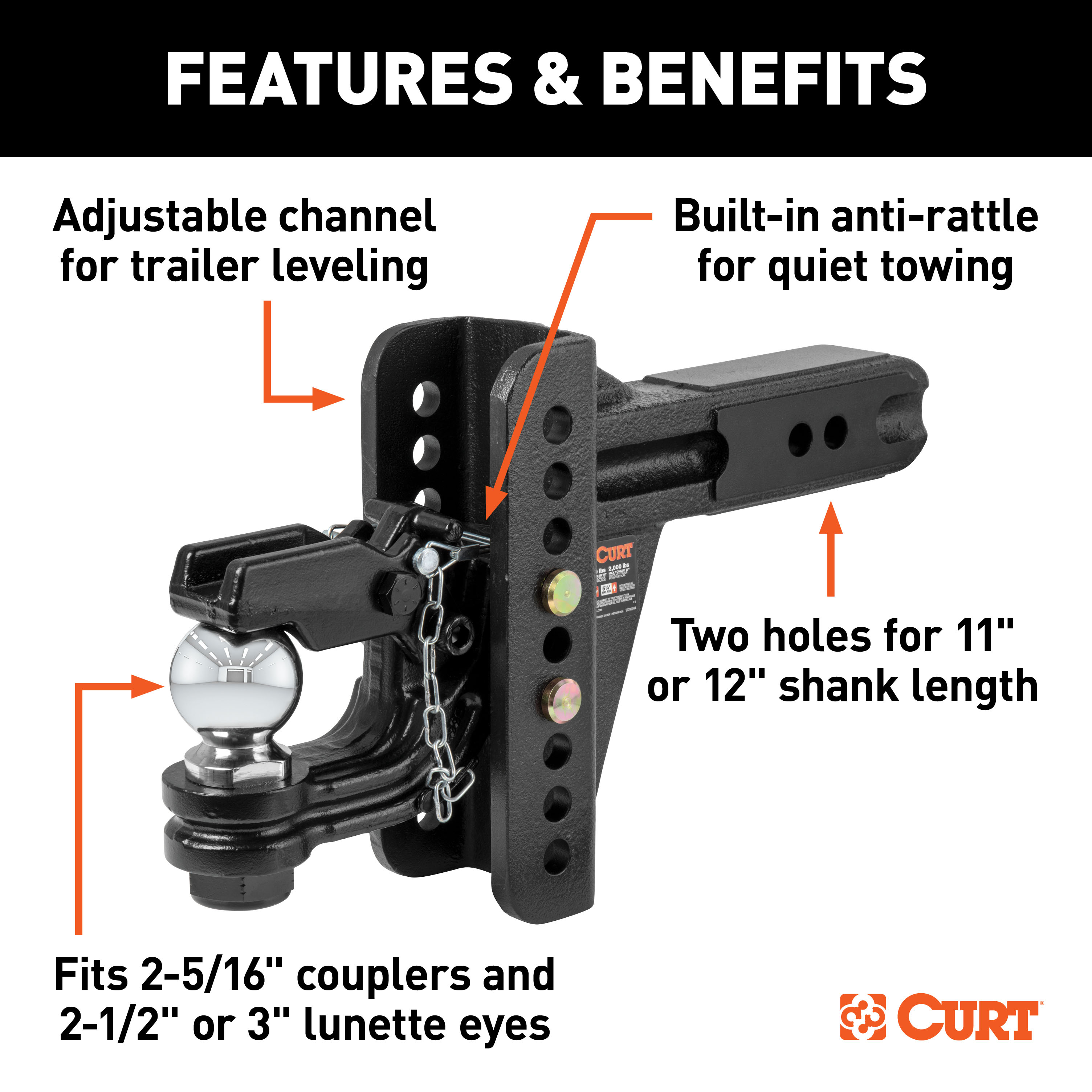 CURT Adjustable Channel Mount with 2-5/16" Ball & Pintle (2-1/2" Shank, 20,000 lbs.) Trailer Hitch Pintle Hook Mount thumbnail 1