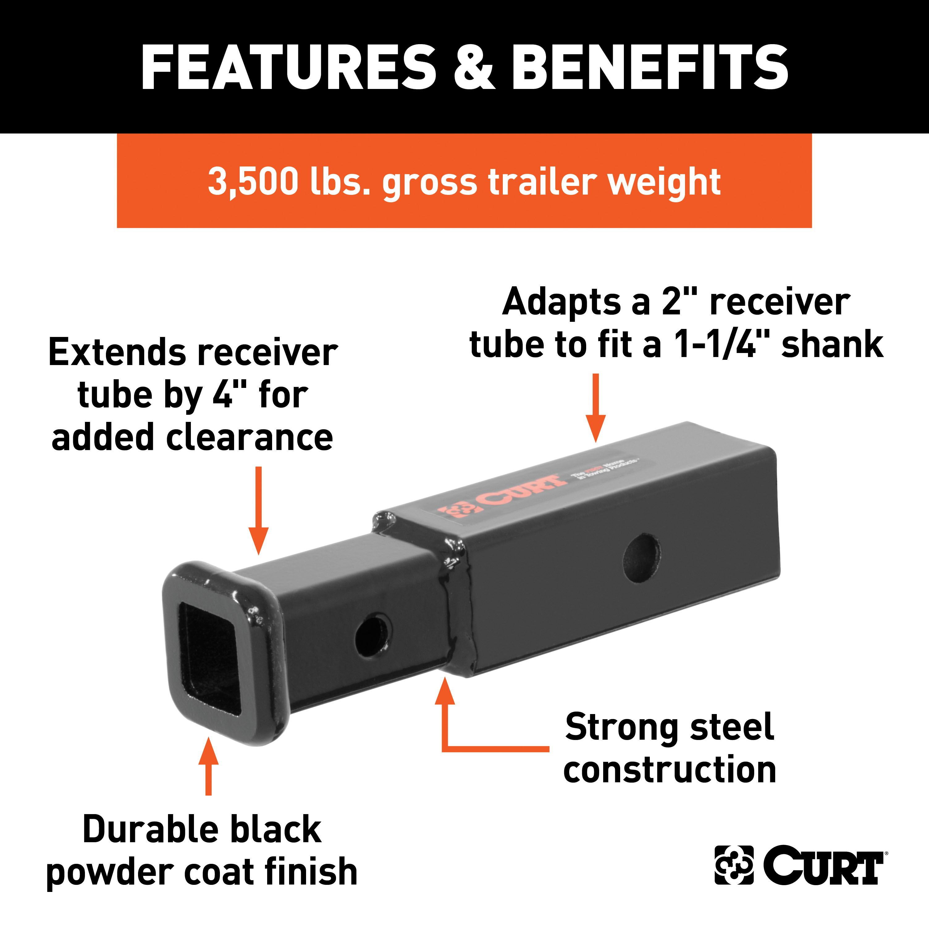 CURT Receiver Tube Adapter (2" to 1-1/4" Shank, 3,500 lbs. GTW, 4" Length) Trailer Hitch Receiver Tube Adapter thumbnail 1