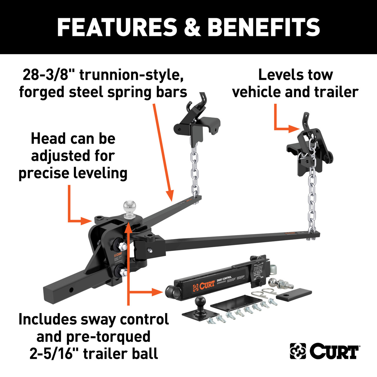 CURT (10-15K, 28-3/8") Short Trunnion Bar Weight Distribution Hitch with Sway Control thumbnail 2
