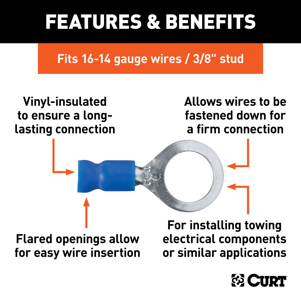 CURT 59523 16-14 Gauge Blue Vinyl-Insulated Ring Terminal Wire Connectors, 3/8-Inch Stud, 100-Pack thumbnail 1