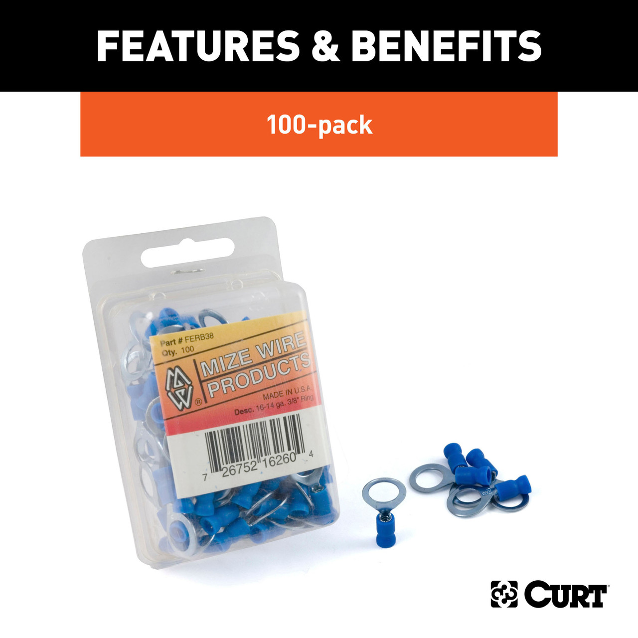 CURT 59523 16-14 Gauge Blue Vinyl-Insulated Ring Terminal Wire Connectors, 3/8-Inch Stud, 100-Pack thumbnail 2