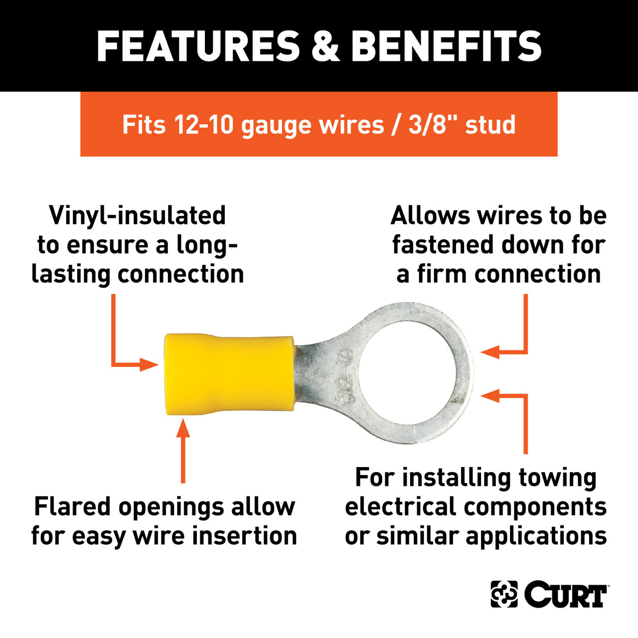 CURT 59538 12-10 Gauge Yellow Vinyl-Insulated Ring Terminal Wire Connectors, 3/8-Inch Stud, 100-Pack thumbnail 1