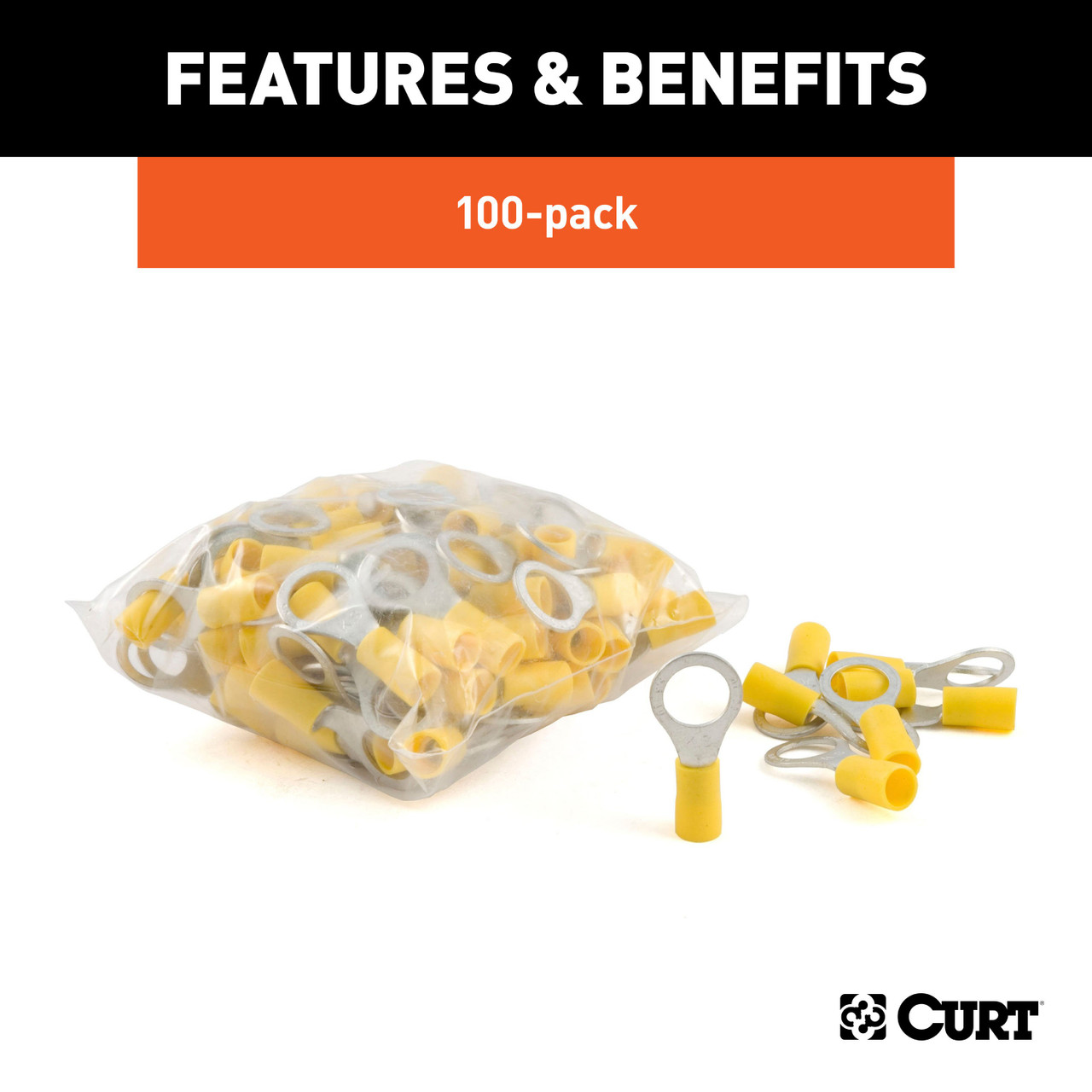 CURT 59538 12-10 Gauge Yellow Vinyl-Insulated Ring Terminal Wire Connectors, 3/8-Inch Stud, 100-Pack thumbnail 2