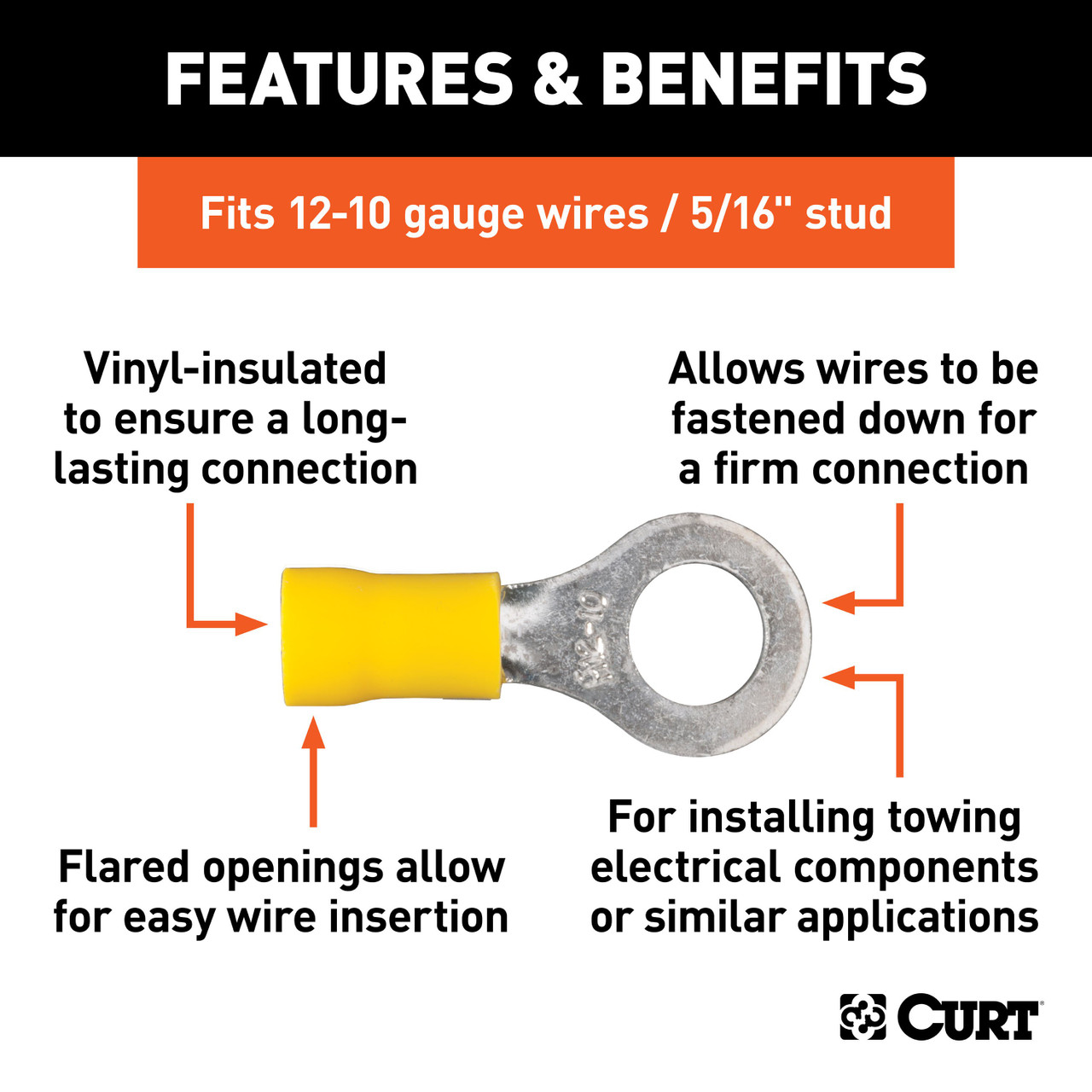 CURT 59556 12-10 Gauge Yellow Vinyl-Insulated Ring Terminal Wire Connectors, 5/16-Inch Stud, 100-Pack thumbnail 1