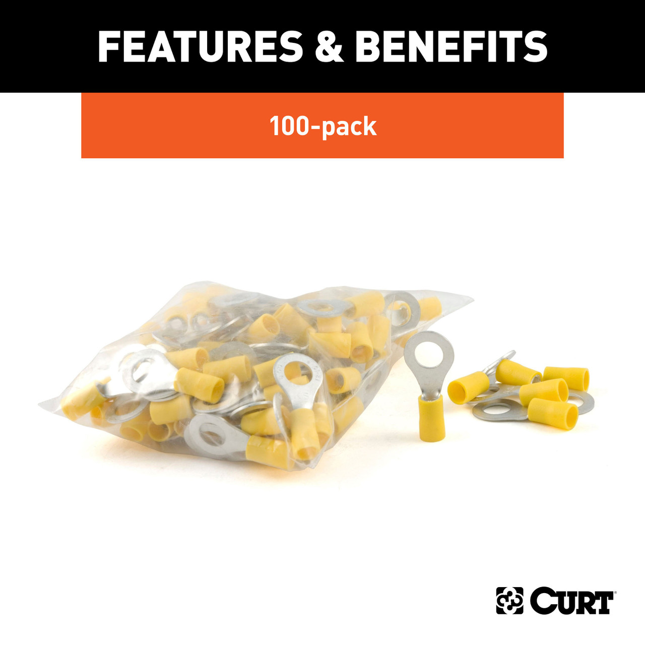 CURT 59556 12-10 Gauge Yellow Vinyl-Insulated Ring Terminal Wire Connectors, 5/16-Inch Stud, 100-Pack thumbnail 2