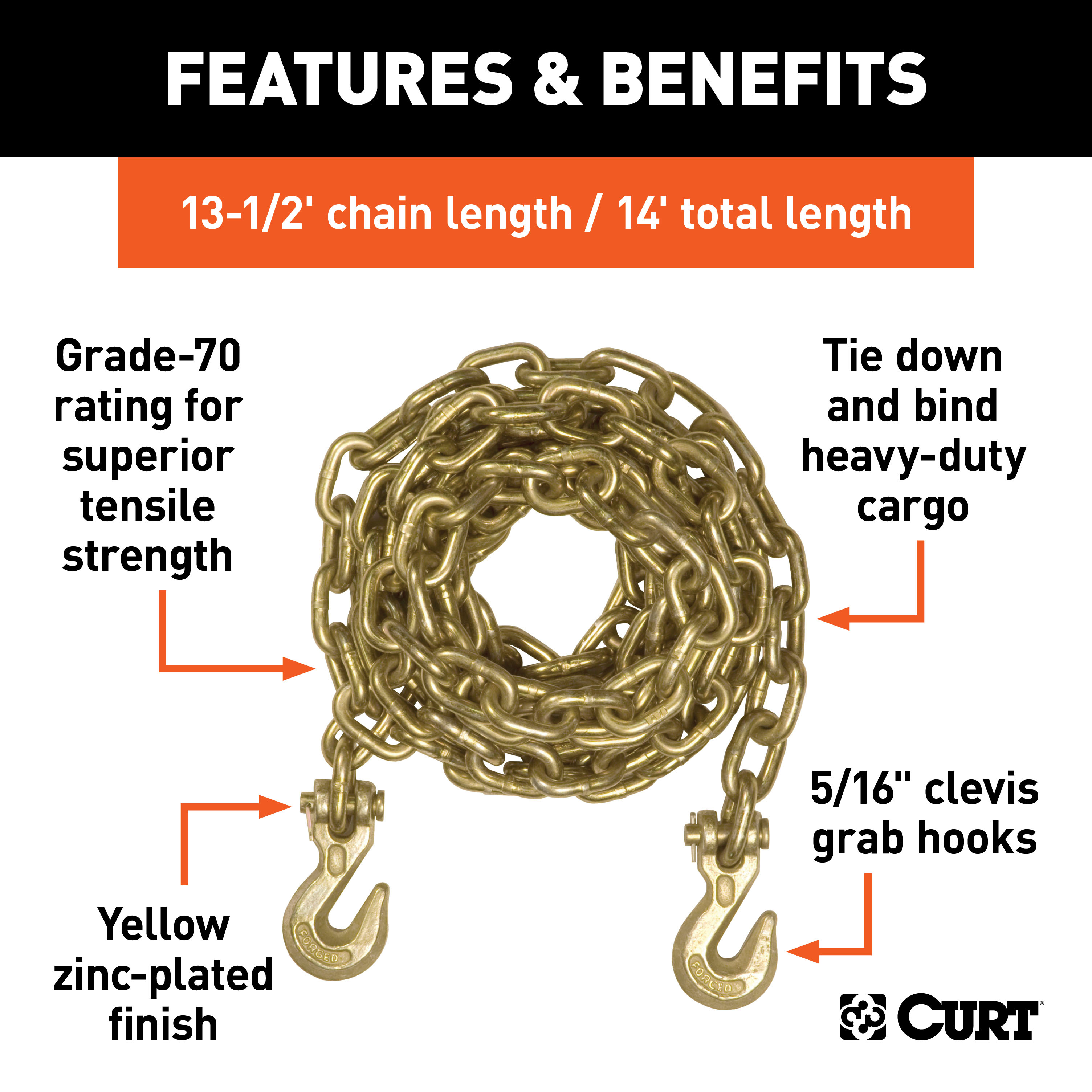 CURT 14' Transport Binder Safety Chain with 2 Clevis Hooks (18,800 lbs, Yellow Zinc) Trailer Hitch thumbnail 1