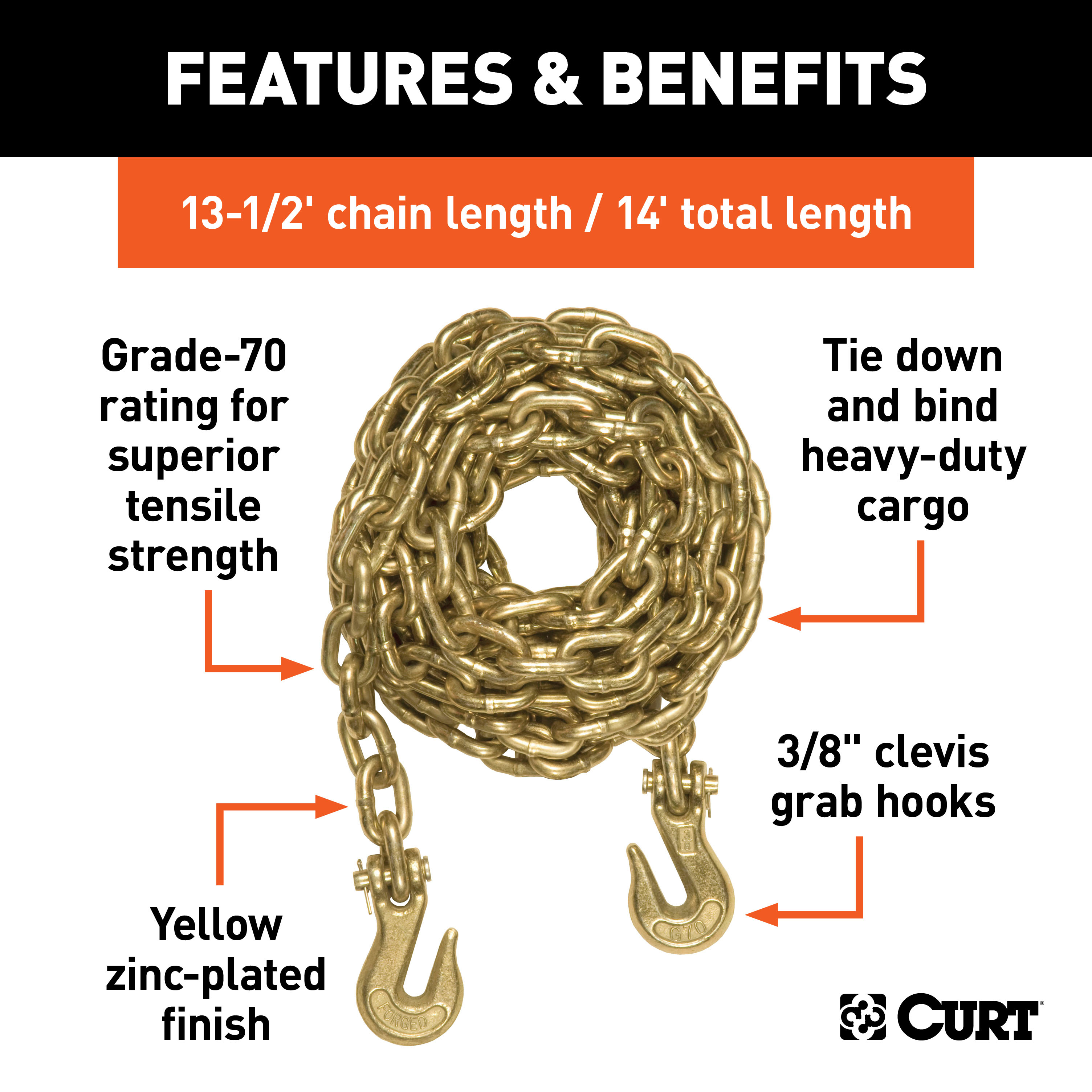 CURT 14' Transport Binder Safety Chain with 2 Clevis Hooks (26,400 lbs, Yellow Zinc) Trailer Hitch thumbnail 1