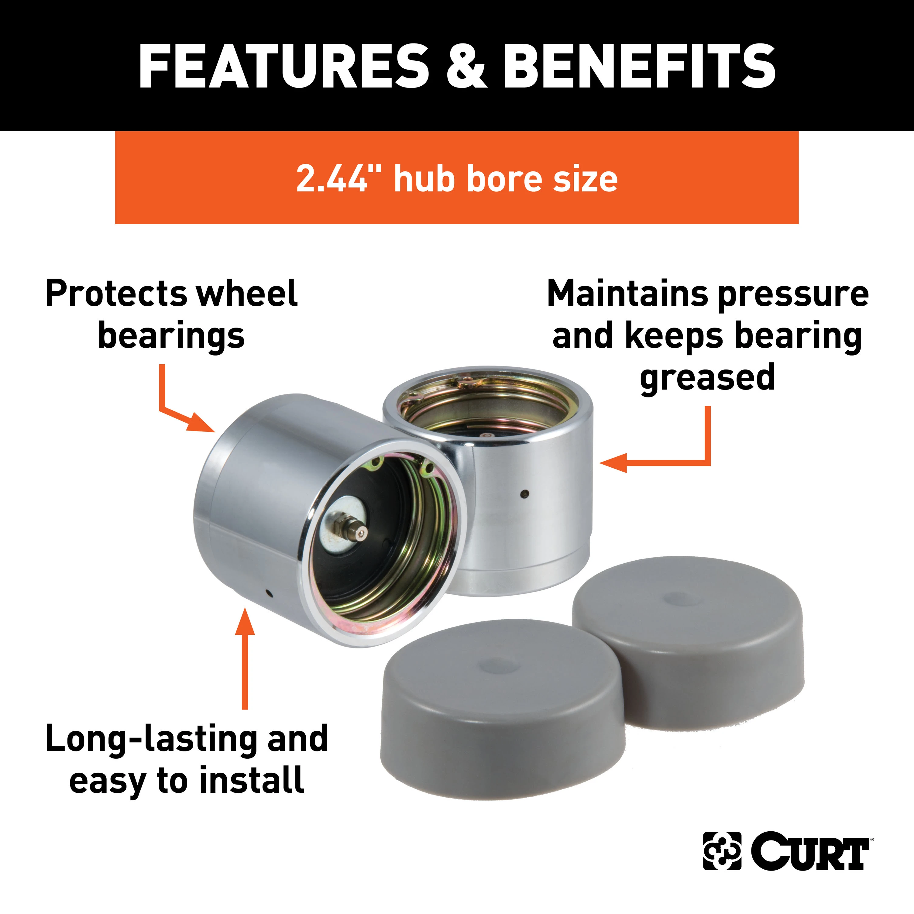 CURT 2.44" Bearing Protectors & Covers (2-Pack) Wheel Bearing Dust Cap thumbnail 1