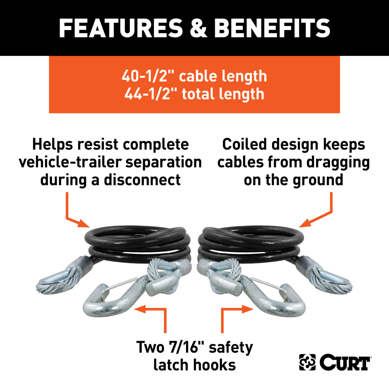CURT 44-1/2" Safety Cables with 2 Snap Hooks (5,000 lbs, Vinyl-Coated, 2-Pack) Trailer Hitch thumbnail 1