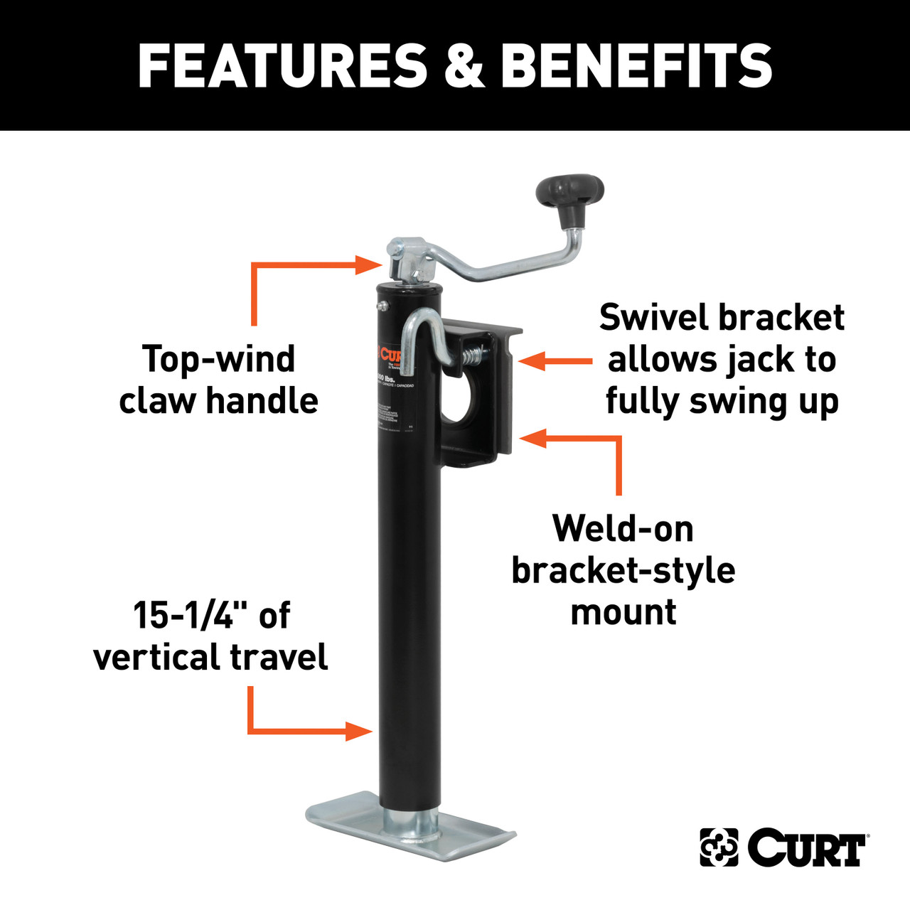 CURT Bracket-Mount Swivel Jack with Top Handle (2,000 lbs, 15" Travel) Trailer Jack thumbnail 1