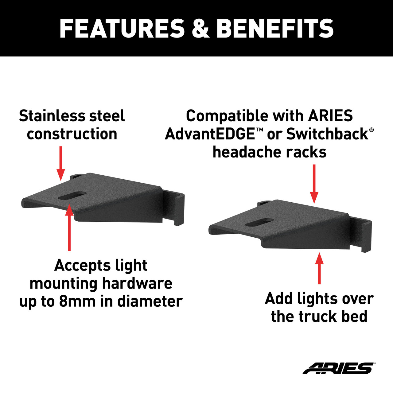 ARIES Headache Rack Light Mounting Brackets (2-Pack) Light Bar thumbnail 1