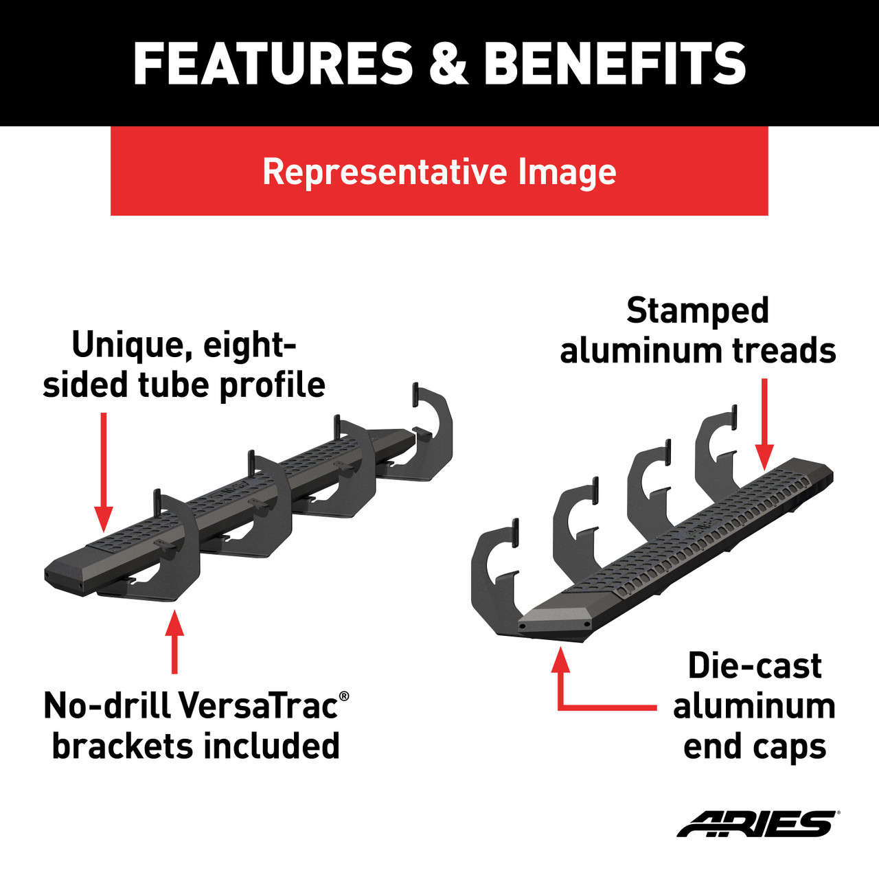 ARIES AdvantEDGE 5-1/2" x 75" Black Aluminum Side Bars, Select Dodge, Ram 1500 Step Nerf Bar Kit thumbnail 3