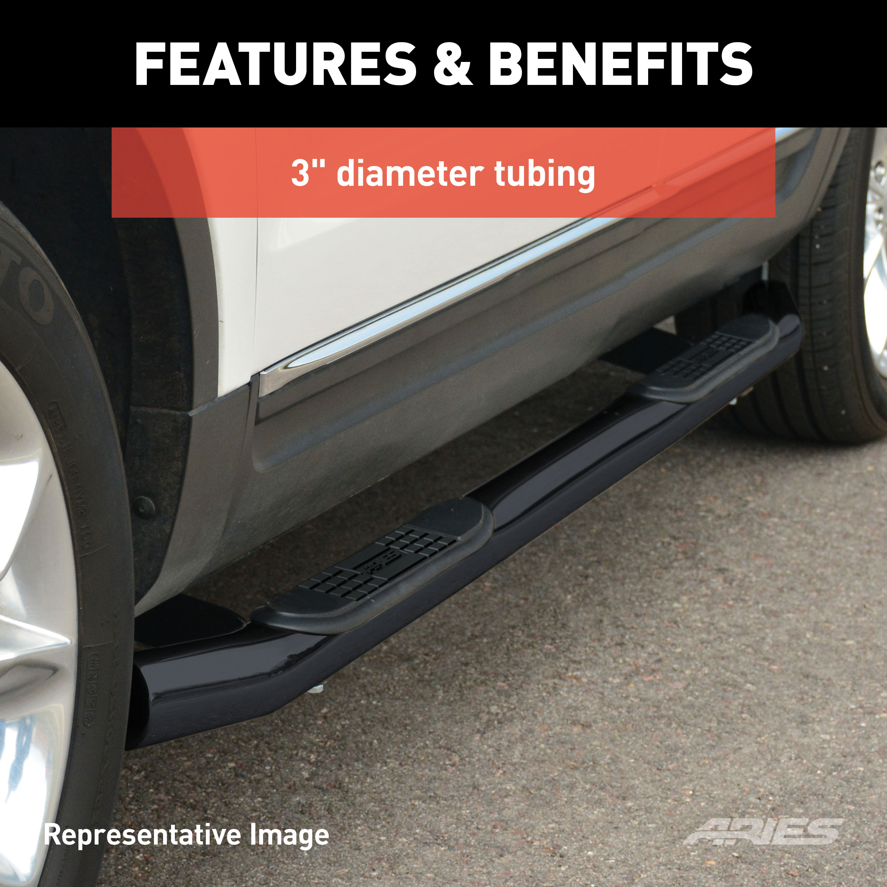 ARIES 3" Round Black Steel Side Bars, Select Ford Excursion, F-250, F-350 Super Duty Step Nerf Bar Kit thumbnail 3