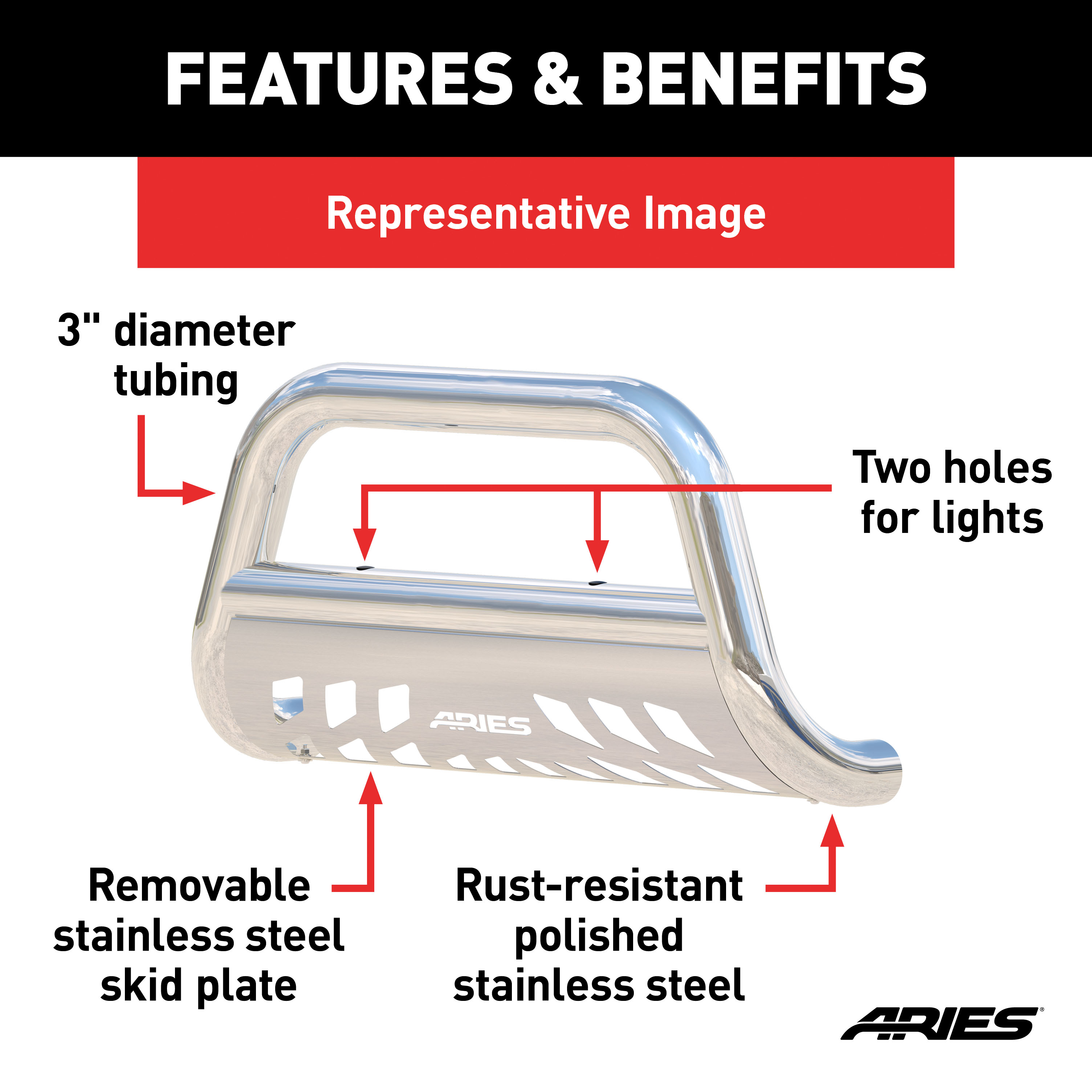 ARIES 3" Polished Stainless Bull Bar, Select Dodge Ram 1500, 2500, 3500 Brush Guard thumbnail 5