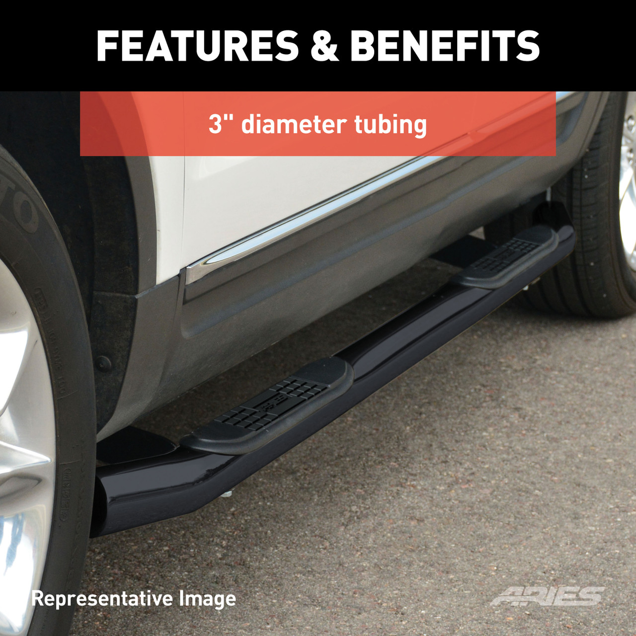 ARIES 3" Round Black Steel Side Bars, Select Silverado, Sierra 1500 Extended Cab Step Nerf Bar Kit thumbnail 3