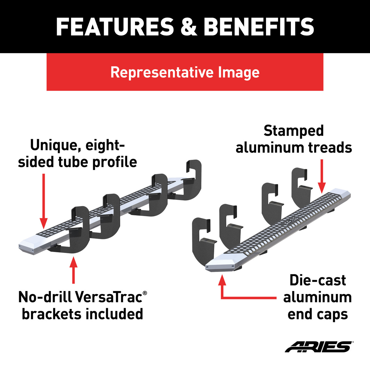 ARIES AdvantEDGE 5-1/2" x 91" Chrome Aluminum Side Bars, Select Ford F150, F250, F350 Step Nerf Bar Kit thumbnail 3
