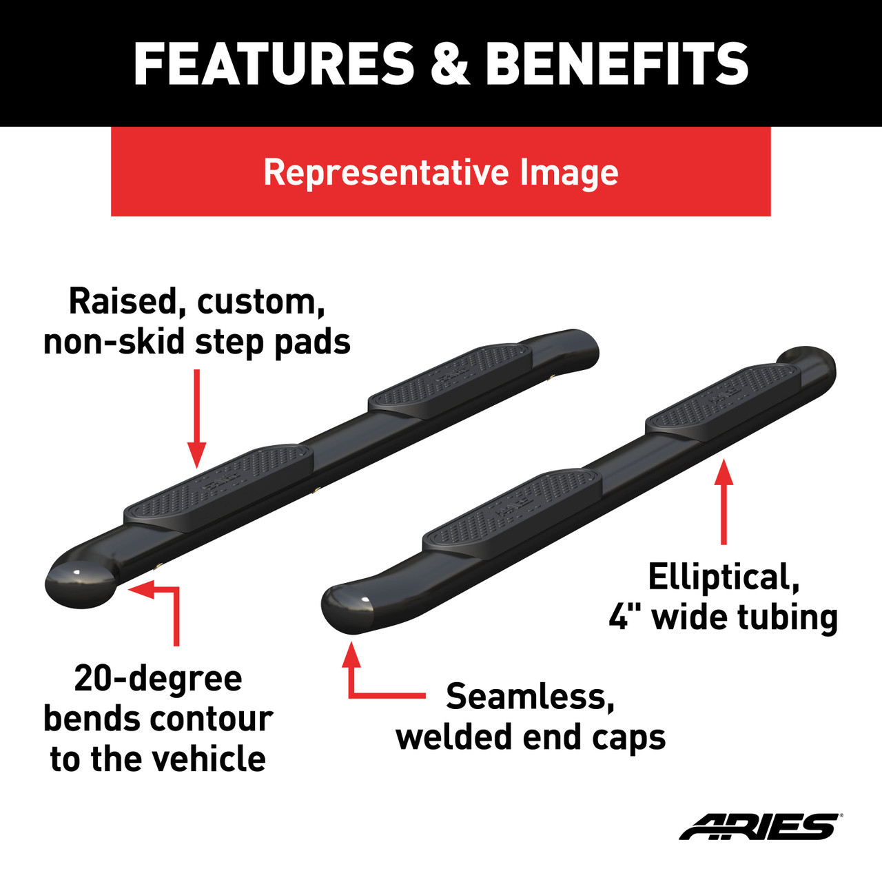 ARIES 4" Black Steel Oval Side Bars, Select Ford F-150, F-250, F-350, F-450, F-550 Step Nerf Bar Kit thumbnail 2