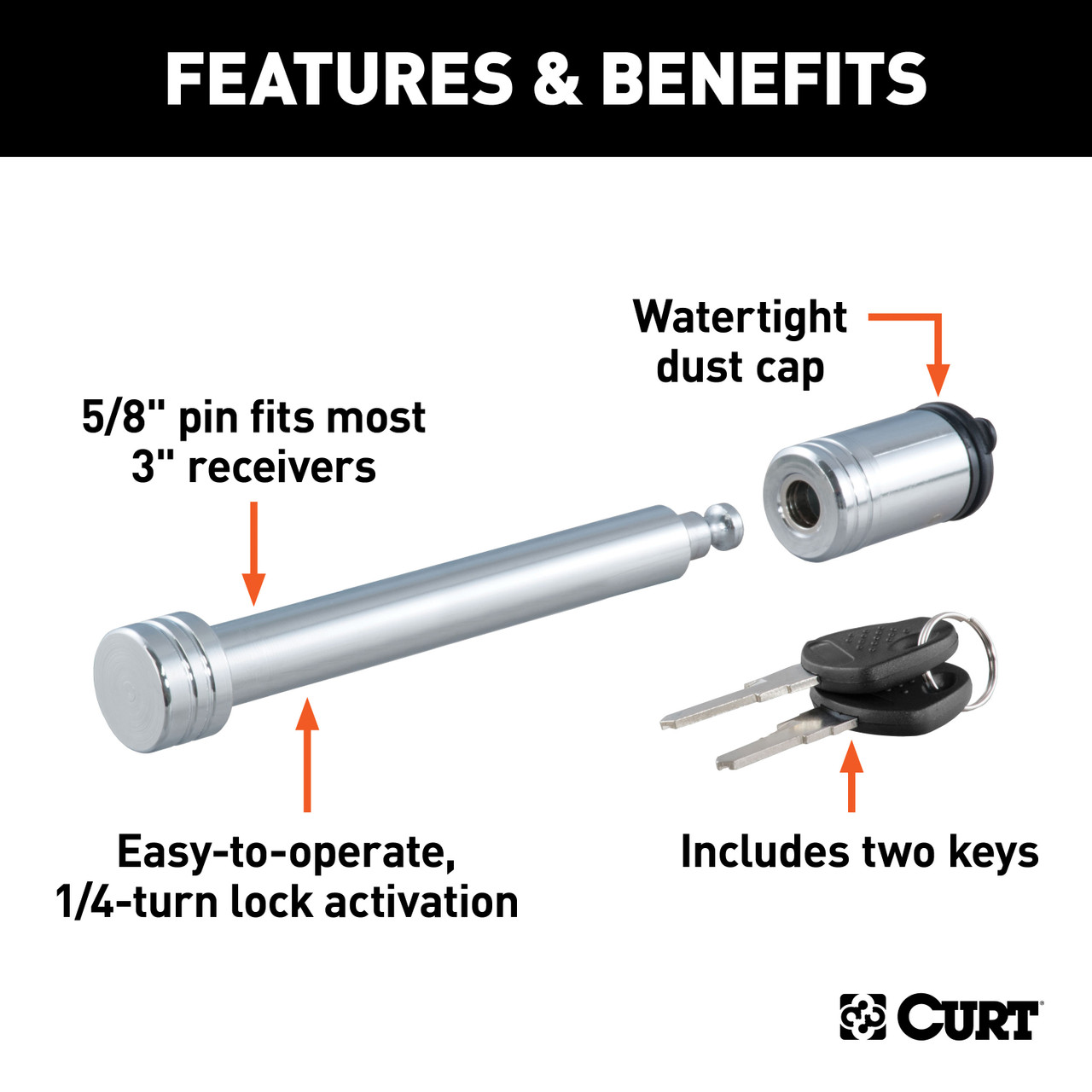 CURT Class 2 Ball Mount (1-1/4" Shank, 3,500 lbs, 3-1/8" Rise, 9-3/4" Long) Trailer Hitch Ball Mount with 5/8" Hitch Lock (3" Receiver, Barbell, Chrome) thumbnail 9