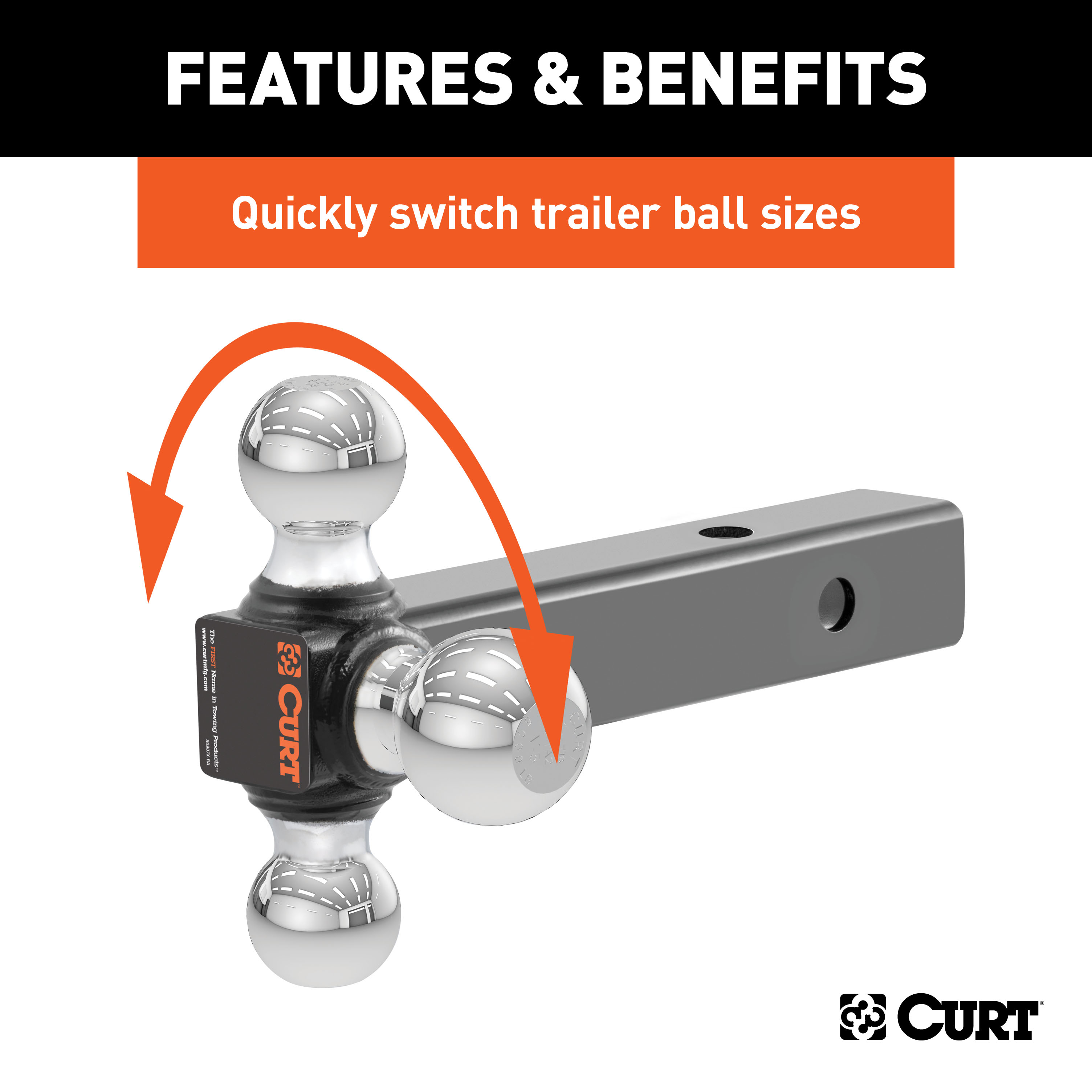 CURT 2" Hollow Shank, 1-7/8", 2" & 2-5/16" Chrome Balls Trailer Hitch Ball Mount with Anti-Rattle Hitch Pin and Shim & Fits 2" Receiver thumbnail 3
