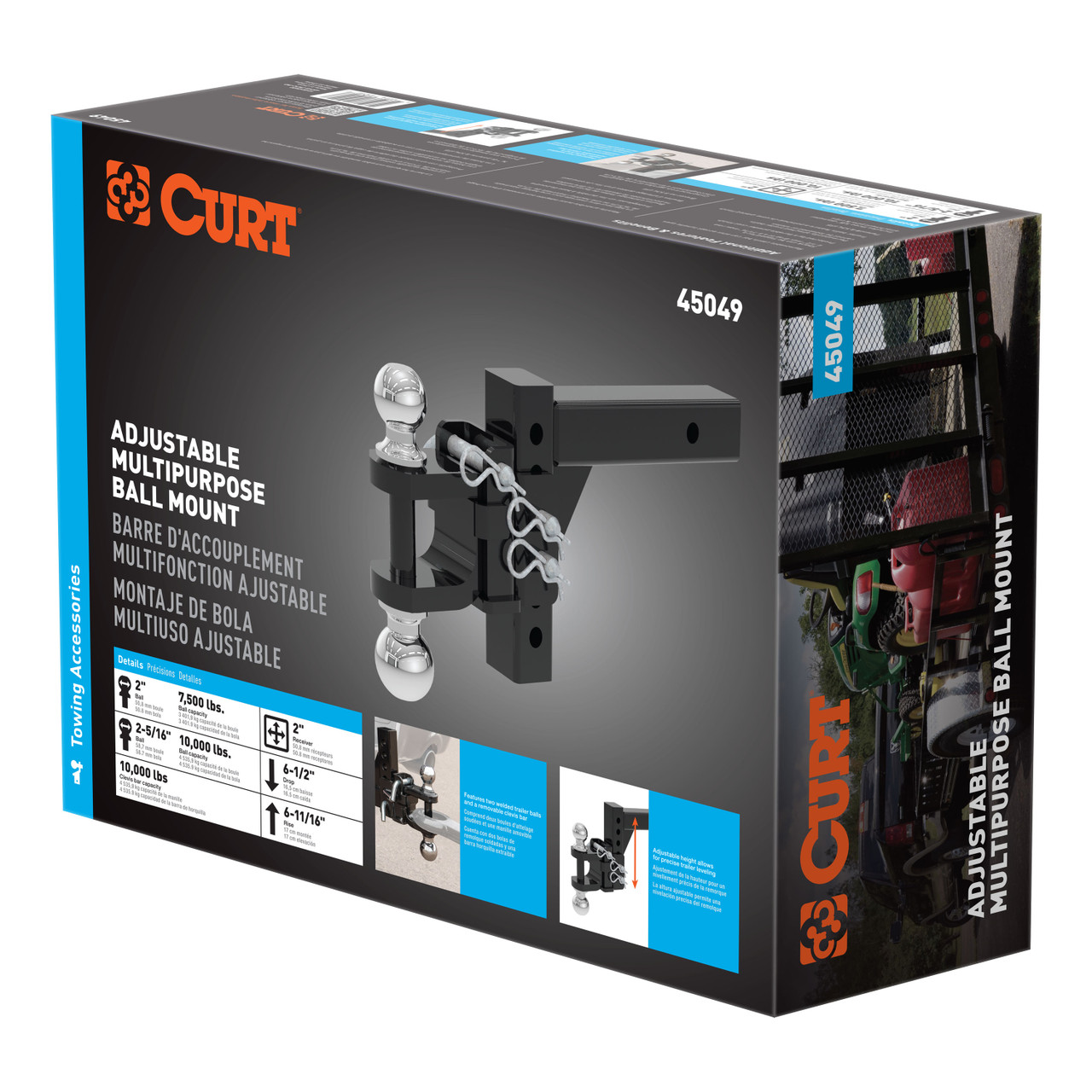 CURT Adjustable Multipurpose Ball Mount (2" Shank, 2" & 2-5/16" Balls) Trailer Hitch Ball Mount with 5/8" Hitch Lock (3" Receiver, Barbell, Chrome) thumbnail 2