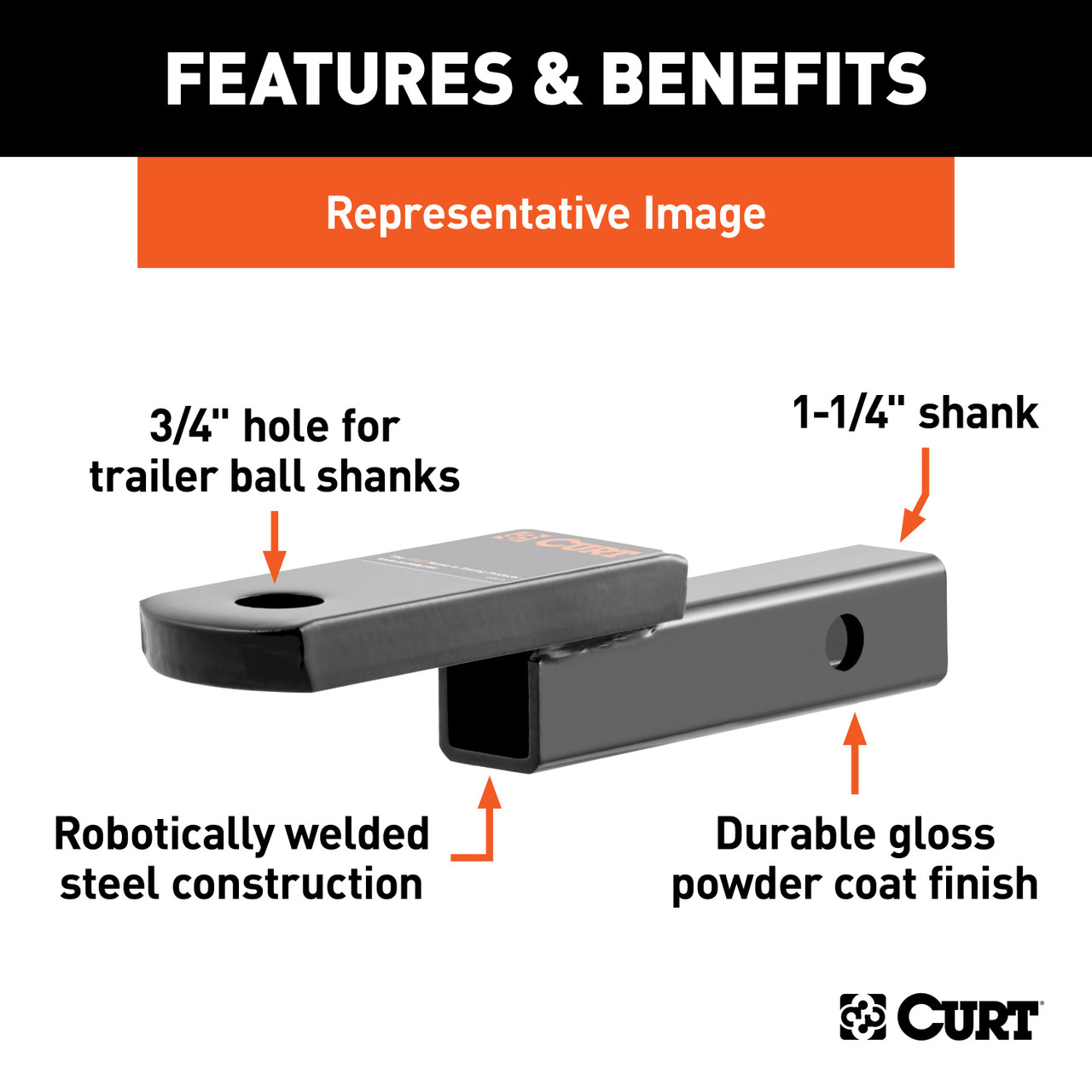 CURT Class 1 Ball Mount (1-1/4" Shank, 2,000 lbs, 1-1/4" Drop, 9-3/4" Long) Trailer Hitch Ball Mount with Switch Ball Trailer Ball (1-7/8", 2", 2-5/16" Balls, 1" x 2-1/4" Shank) & 5/8" Hitch Lock (3" Receiver, Barbell, Chrome) thumbnail 4