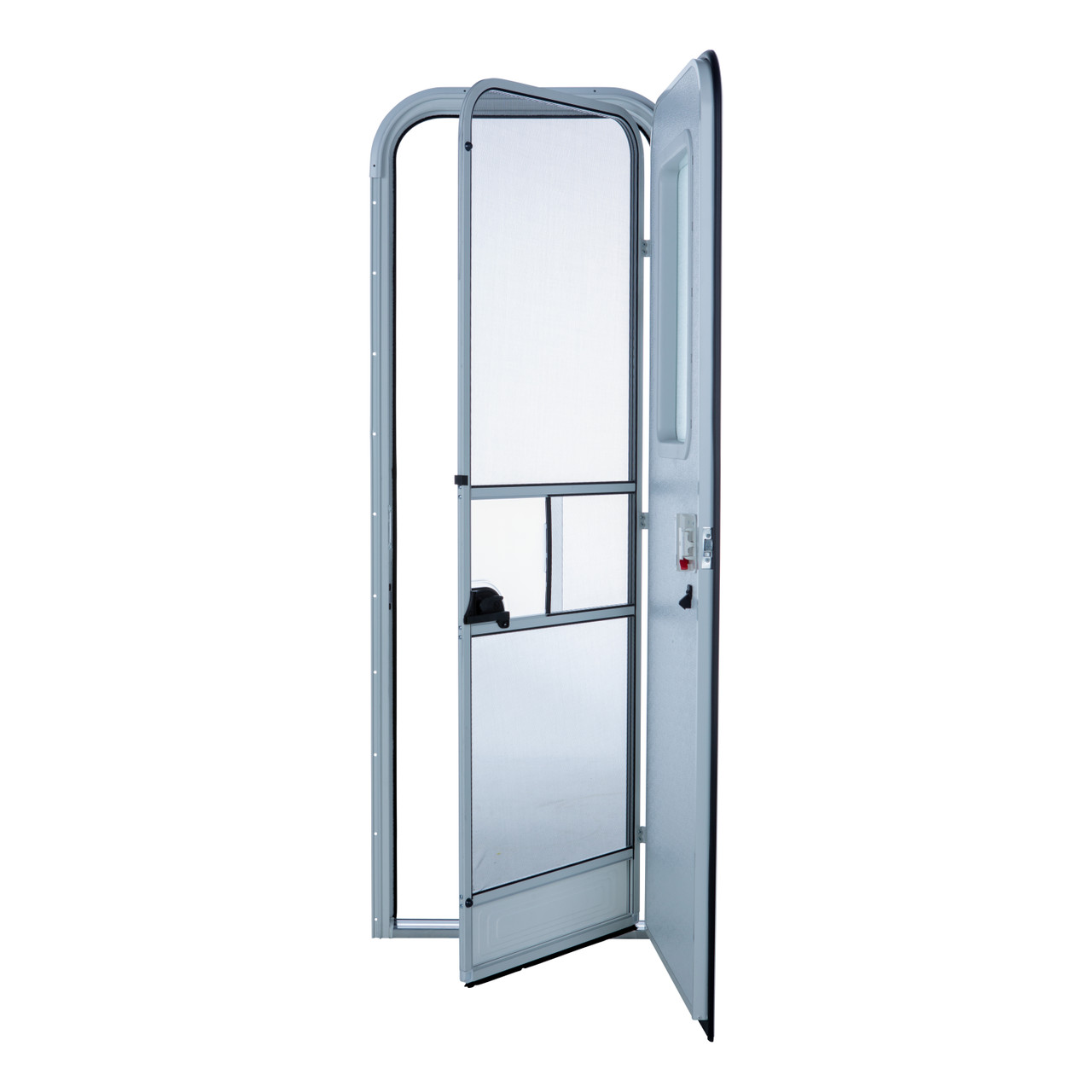 Lippert Right Hinge RV Radius Entry Door with Screen Door with Drip Cap & Threshold - 26" x 72" (Polar White, White Window Frame) #V000040259 thumbnail 1