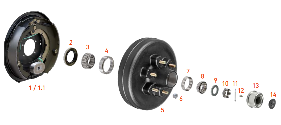 Heavy-duty 12 inch x 2 inch electric brake axle assembly showing all 14 components