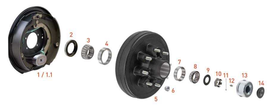 7,000 lb electric brake axle wheel end assembly breakdown showing all 14 components with 8-lug hub